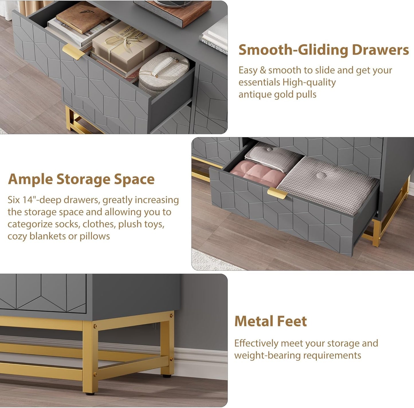 Dresser for Bedroom, 53.5" Large Dresser Organizer, 6 Drawer with Golden Metal Handle and Legs, Modern Chest of Drawers, Grey Dressers with Drawers for Closet, Hallway, Living Room, Entryway