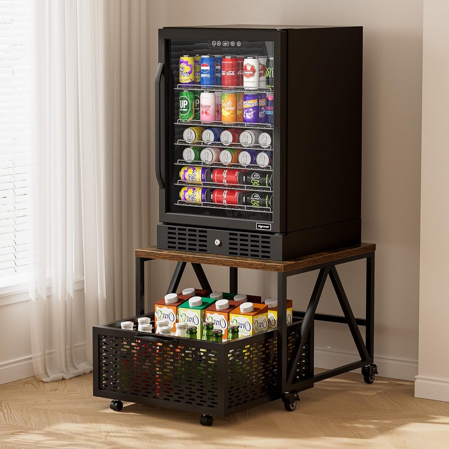 Urban Deco Mini Fridge Stand with Storage, Heavy Duty Fridge Cart with Drawer Basket, Mini Refrigerator Table for 220 LBS, Mobile Fridge Stand with Swivel Wheels for Dorm,Office,Home,Retro Brown