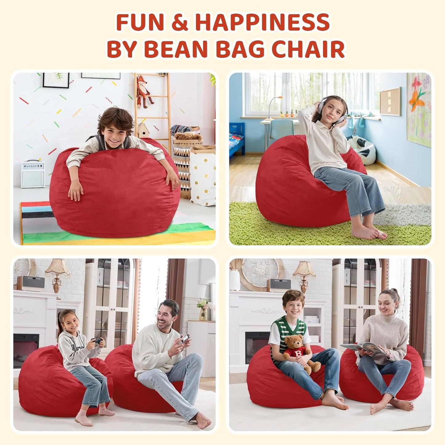 2FT Bean Bag Chair, Comfy Bean Bag Chairs with Memory Foam Filled, Fluffy Beanbag Sofa with Dutch Velvet Cover, Teardrop BeanBag Chairs for Living Room, Playroom - Red