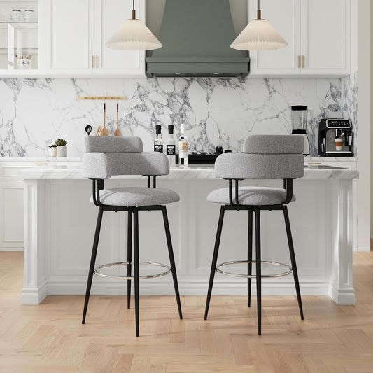 Swivel Bar Stools Set of 2, Counter Height Bar Stools with Ergonomic Full Back, Upholstered Linen Fabric Barstools with Chrome Metal Footrest for Kitchen Island, Dining Room