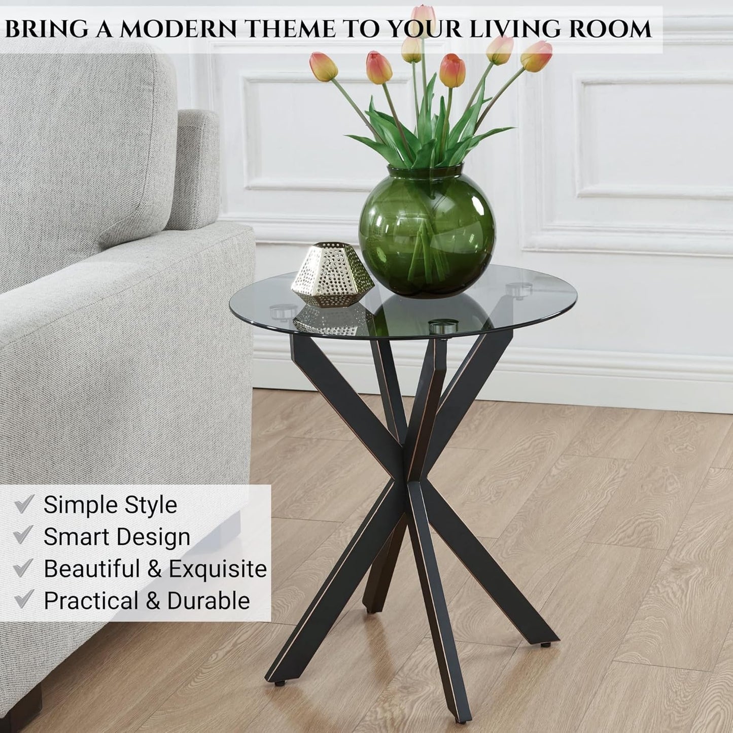 Modern Glass End Table, Small Round Side Table for Couch, Sofa Table with Grey Tempered Glass Top for Living Room, Bedroom, Bedside, 19.7" Wx21.7 H Black