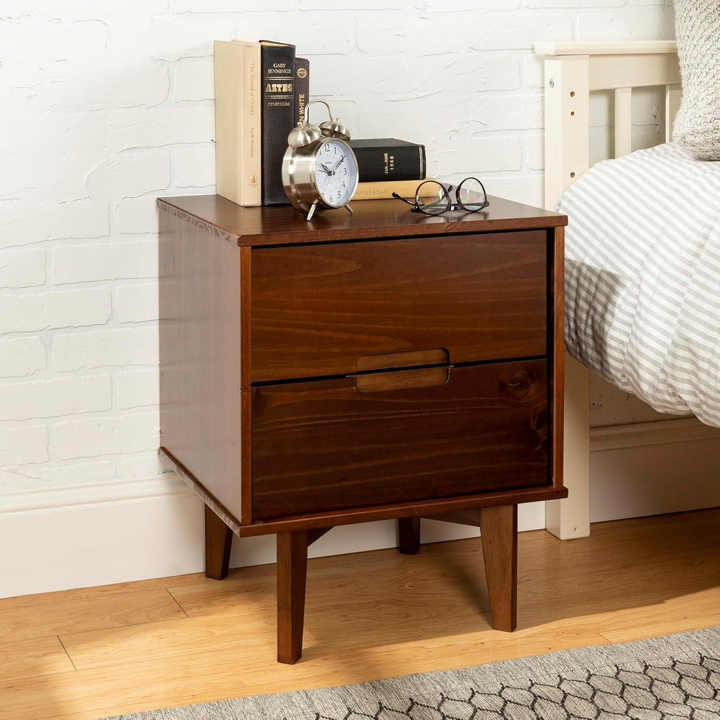 Walker Edison Mid Century Modern Grooved Handle Wood Nightstand Side Table Bedroom Storage Drawer and Shelf Bedside End Table, 2 Drawer, Walnut