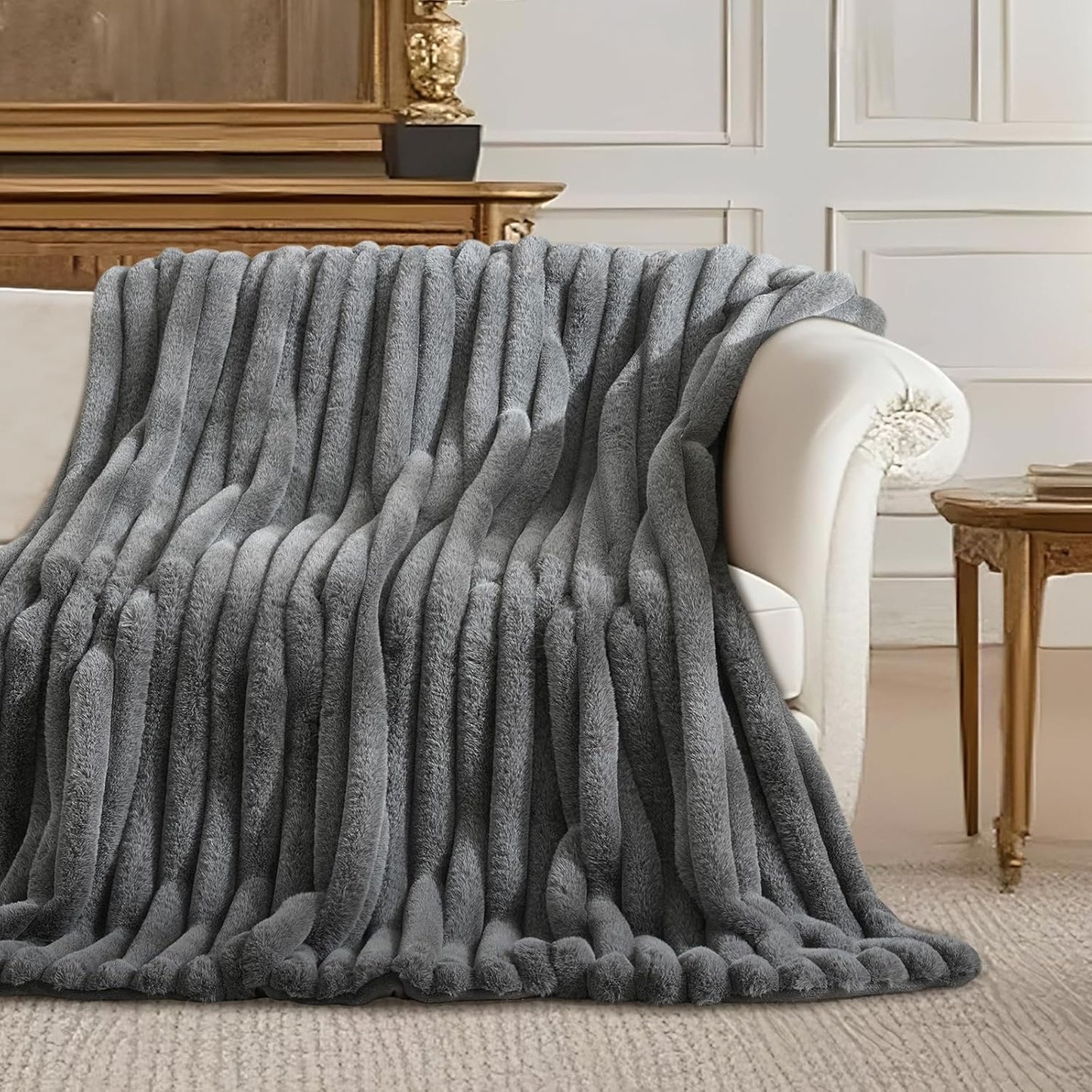 Amélie Home Faux Fur Throw Blanket for Couch, Ultra Cozy Fuzzy Fluffy Fur Luxurious Soft Striped Plush Gift Blankets for Family Sofa Chair Bed Living Room Bedroom, 55"x70", Ionic Wolf Gray
