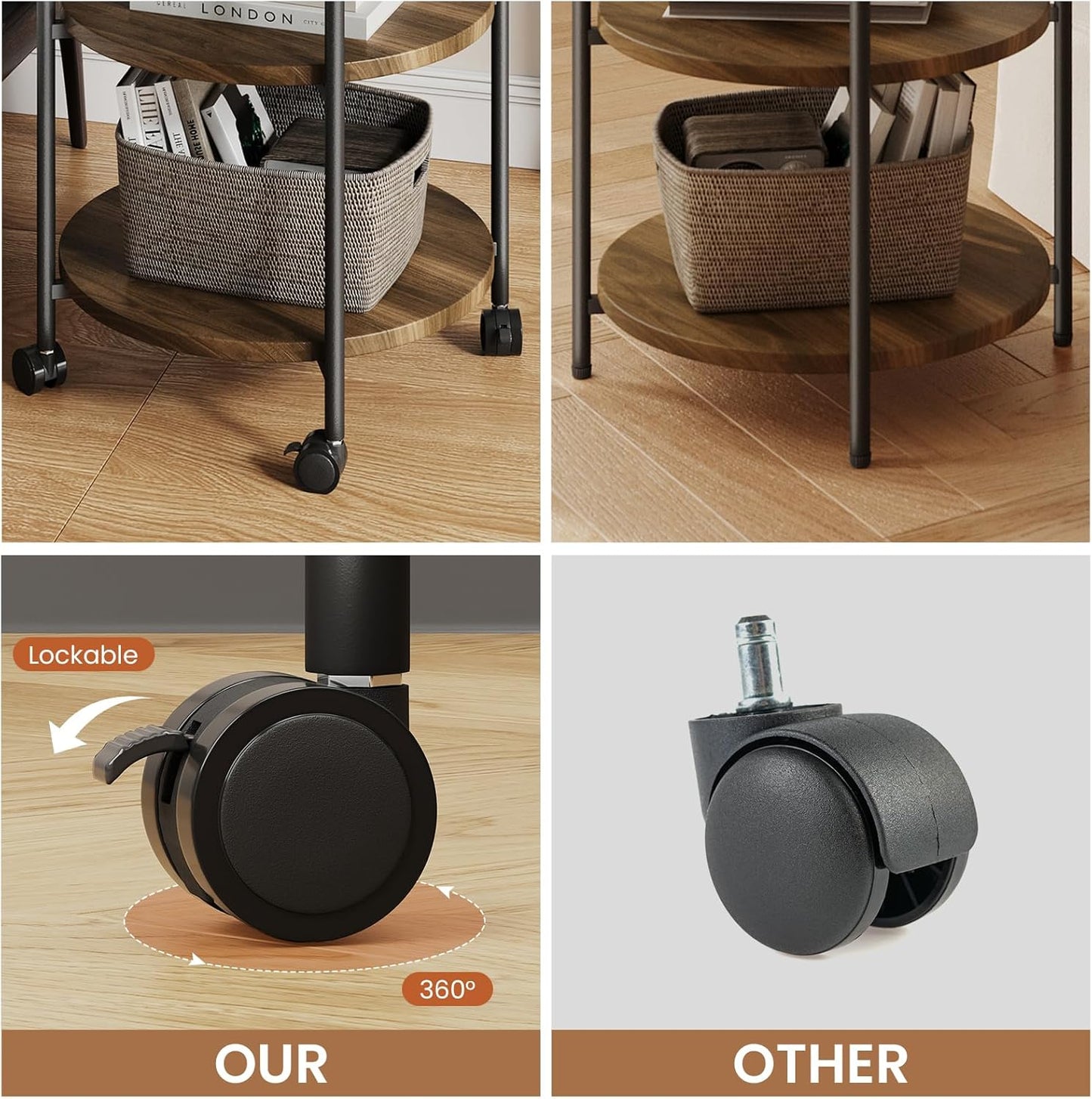 Side Table, 3-Tier Modern End Table with Wheels, Small Round Nightstand Bedside Table for Living Room, Bedroom, or Small Spaces-Walnut