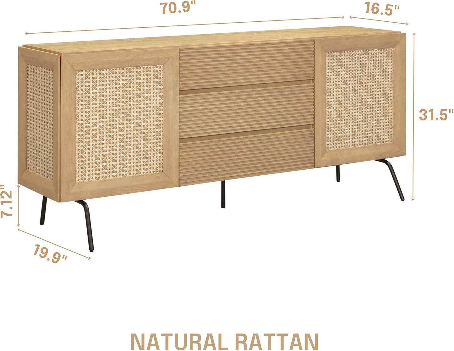 NTC MOSSIC Modern Sideboard with 4 Doors, Natural Rattan Storage Cabinet, Buffet with Metal Legs, Boho Accent Cabinet for Living Room, and Entryway, Effortless Assembly, Sand