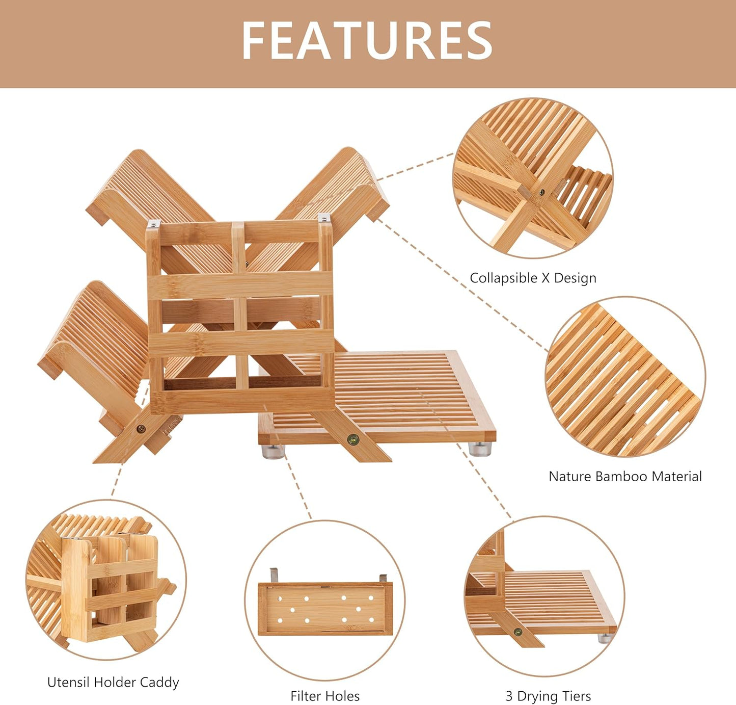 HBlife Bamboo Dish Drying Rack with Utensil Holder, 3-Tier Large Collapsible Wooden Dish Drainer Rack, Folding Drying Holder Dish Drainer for Kitchen Counter