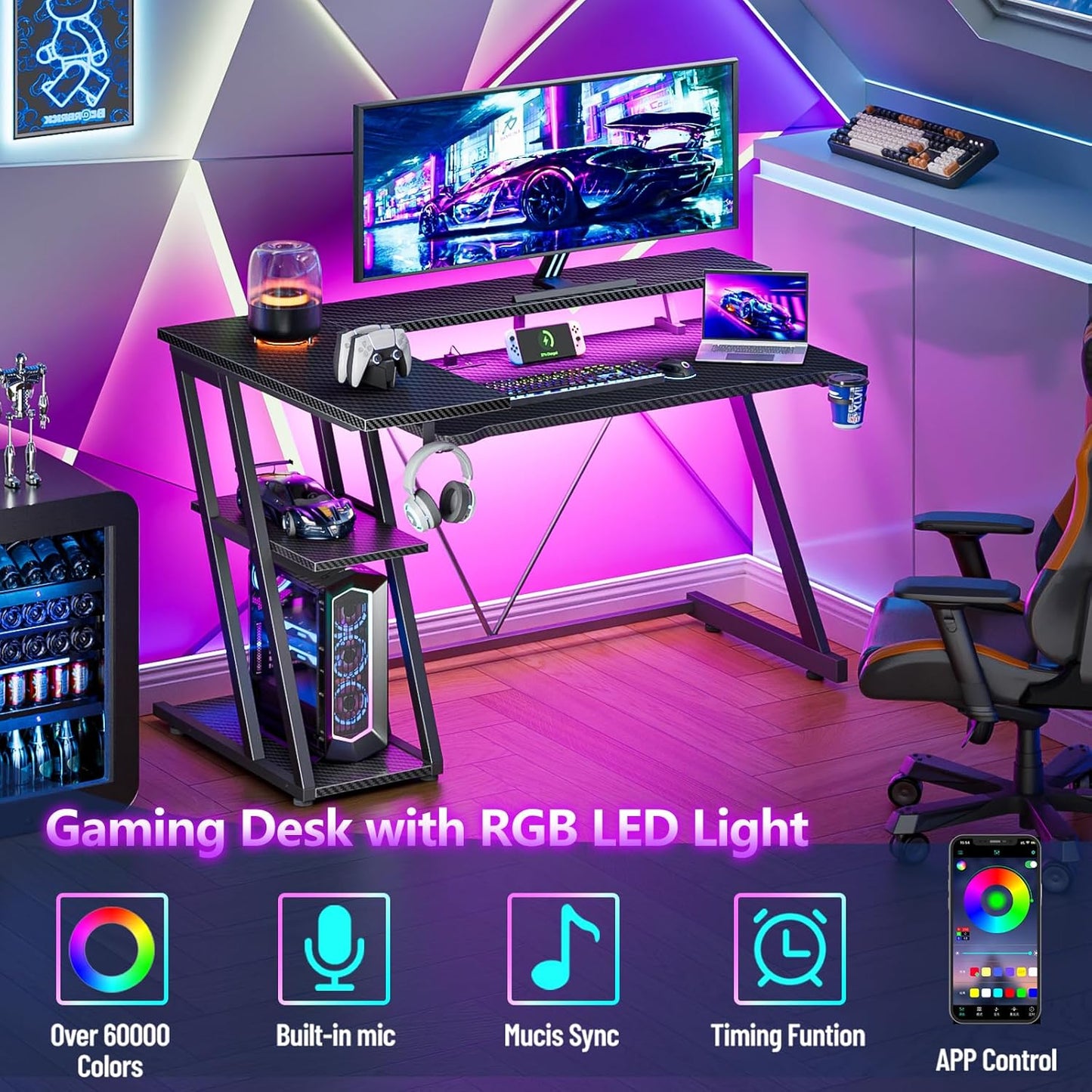 47 Inch Gaming Desk with Power Outlet & LED Lights, Corner Computer Desk with 3 Tiers Storage Shelves, Home Office Desk with Monitor Stand for Small Space, Carbon Fiber Black