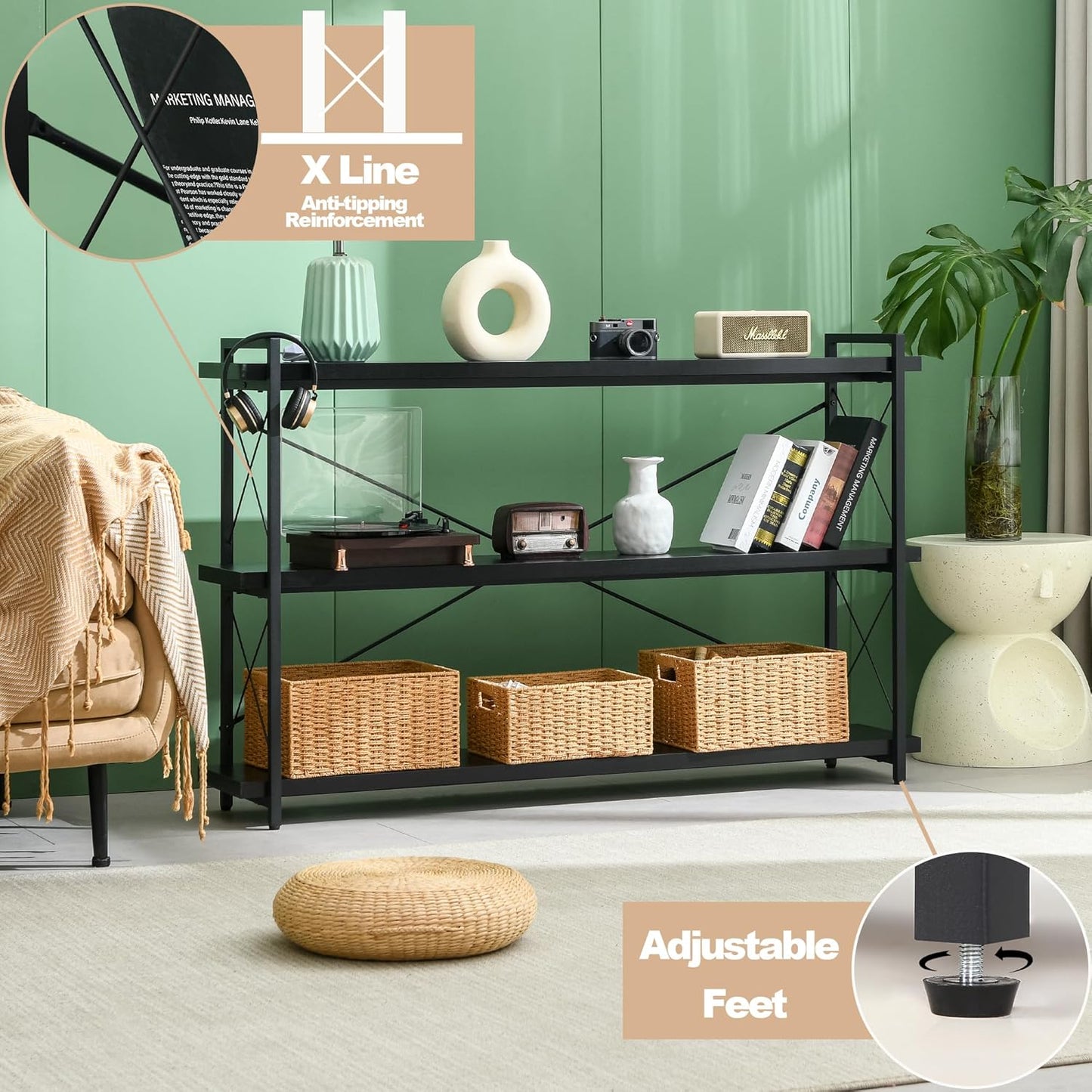 HCHQHS Bookshelf, 3-Tier Long Industrial Bookcase, Black Open Book Shelf, Freestanding Horizontal Bookshelves with Metal Frame