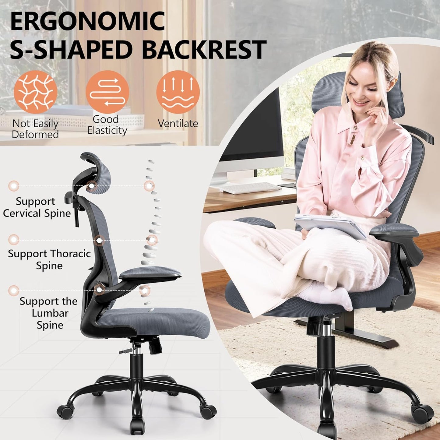 FelixKing Ergonomic Office Desk Chair with Headrest, Adjustable Lumbar Support, Height and Swivel, Comfy Task Chair with Flip-up Armrests, Ergo Mesh Backrest for Working Dark Gray