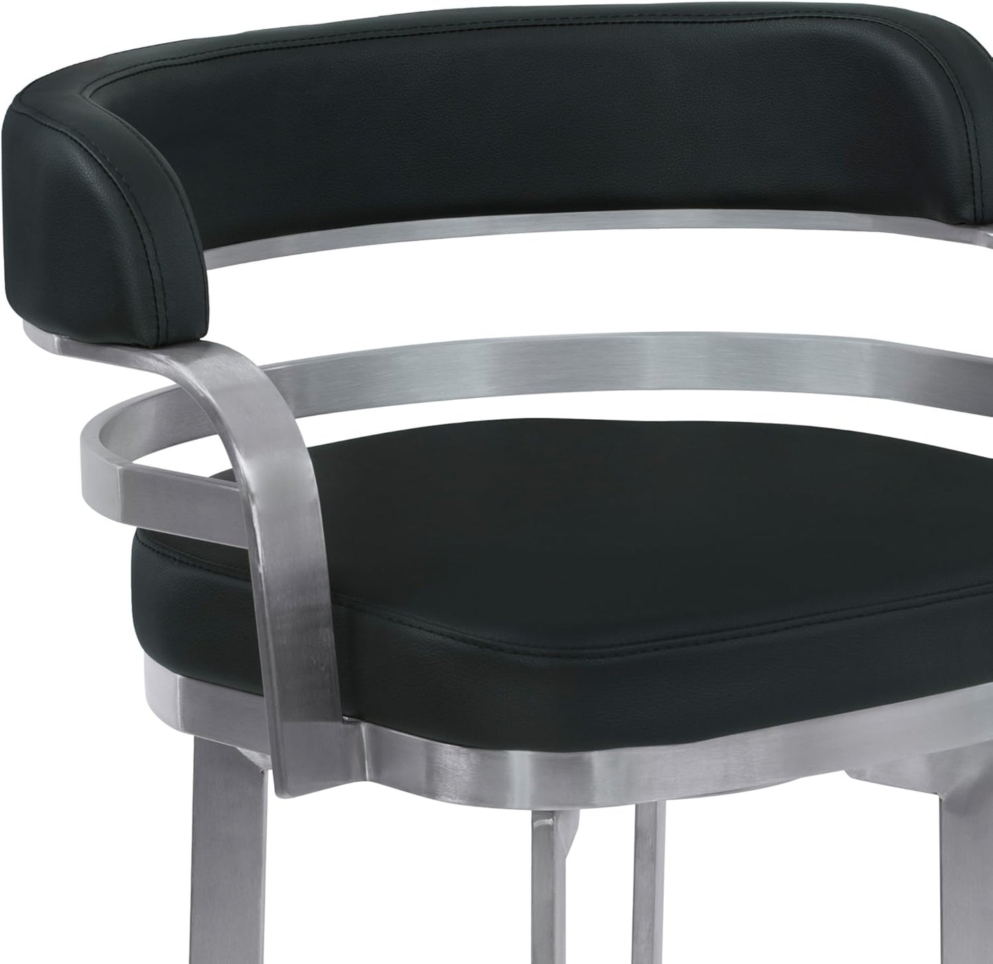 Armen Living Prinz 26" Counter Height Swivel Barstool in Black Faux Leather and Brushed Stainless Steel Finish