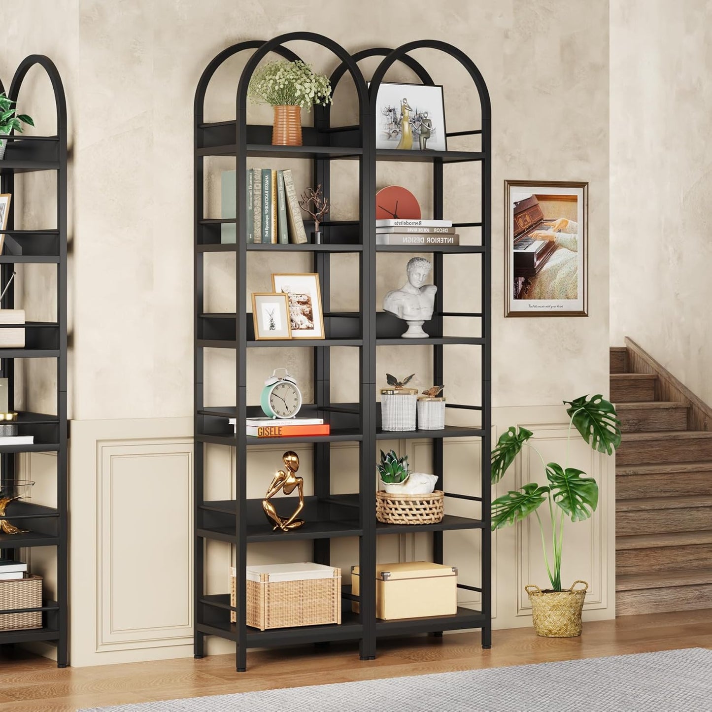 LITTLE TREE 6-Tier Open Bookshelf Set 2, Freestanding 78.7" Tall Arched Bookcase, Black Wooden Bookshelf with Metal Frame, Narrow Bookcase Display Shelves for Living Room, Bedroom, Office