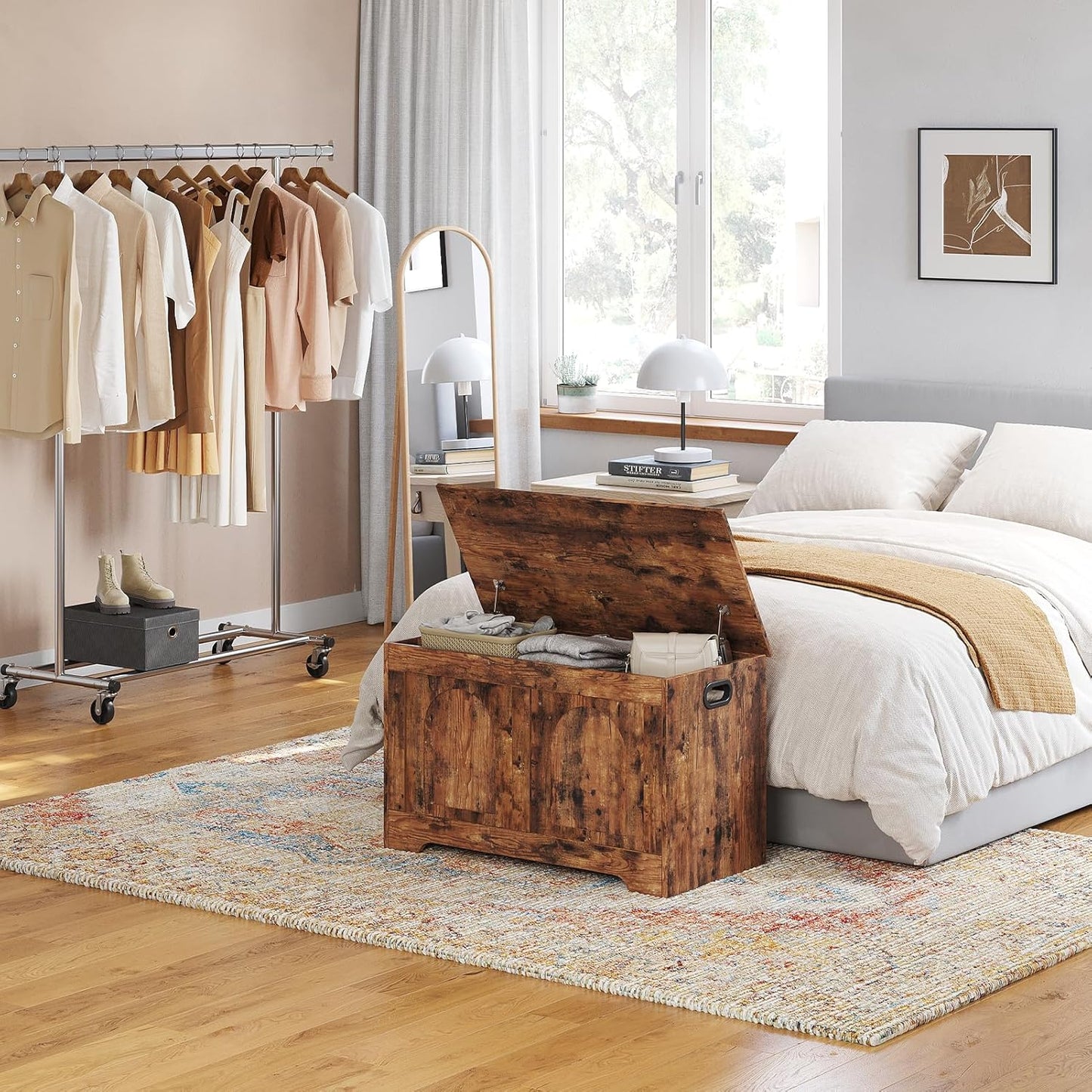 DINZI LVJ Storage Chest, 31.5”Wooden Storage Box with 2 Safety Hinges, Entryway Shoe Bench with Flip-Top, Sturdy Trunk for Living Room, Bedroom, Easy Assembly, Rustic Brown