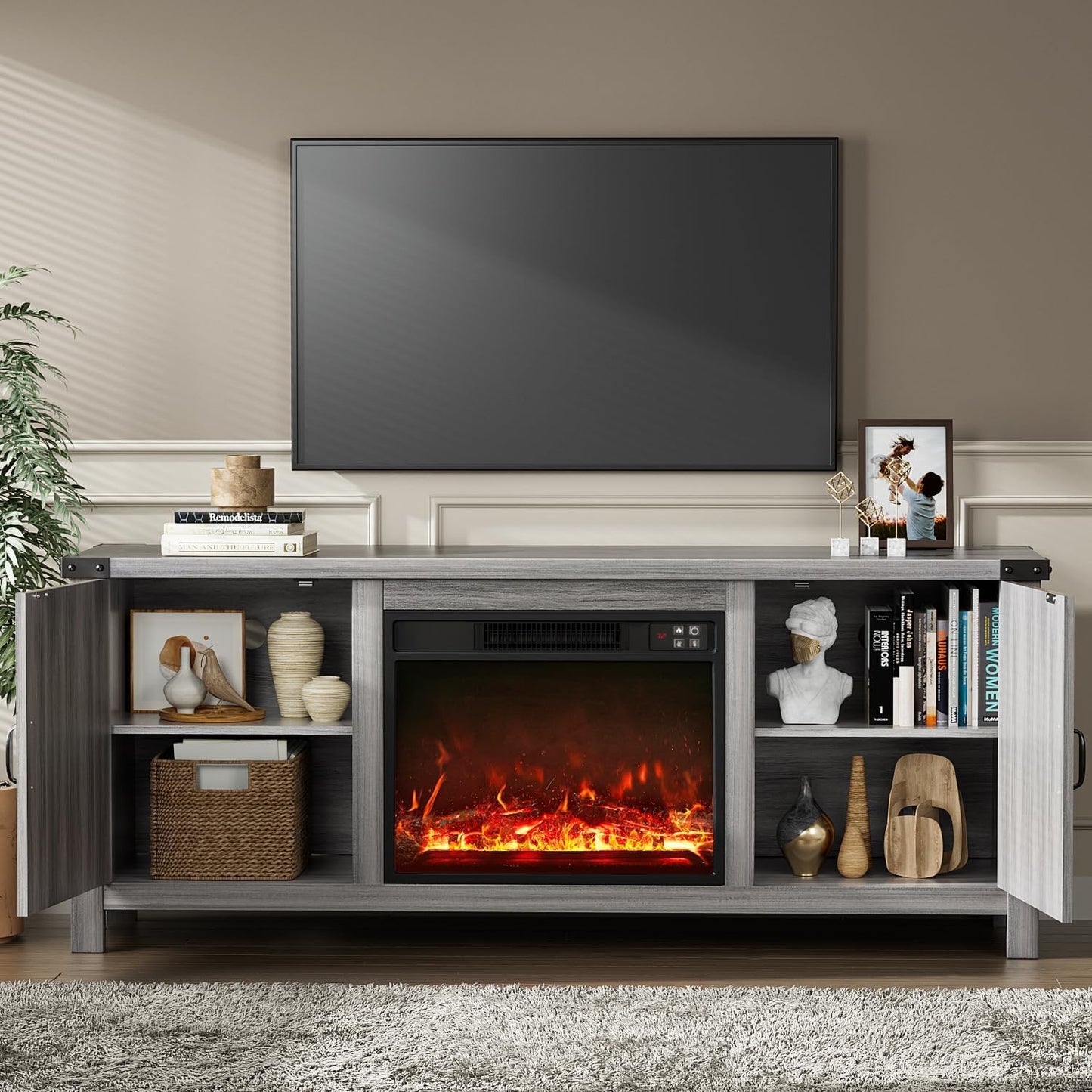 YESHOMY Fireplace TV Stand with Two Barn Doors and Storage Cabinets for Televisions up to 65+ Inch, Entertainment Center Console Table, Media Furniture for Living Room, 58 Inch, Gray Wash
