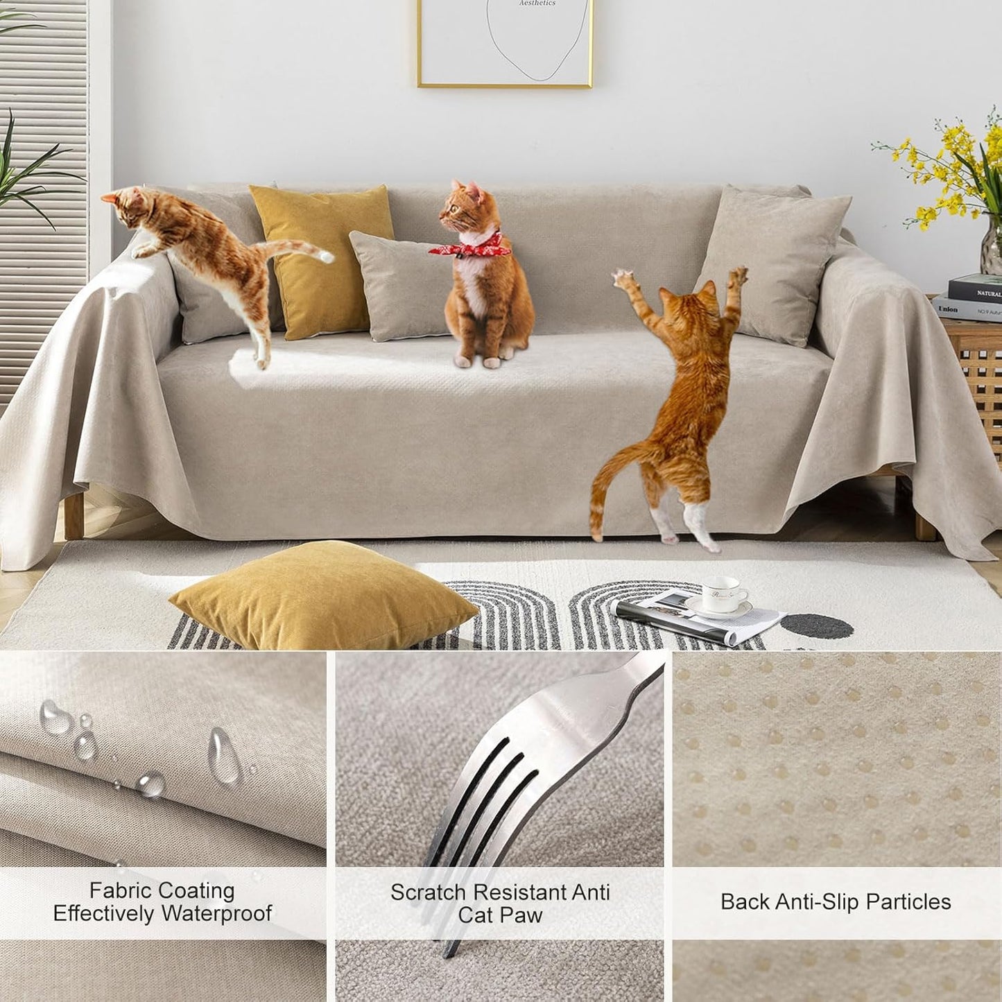 STACYPIK 100% Waterproof Beige Couch Cover, Anti-Scratch Sofa Cover for Dog, Non-Slip Sofa Cover, Furniture Protector for 2 Cushion Couch, Outdoor Water Resistant Loveseat Cover for Sectional-71X118IN