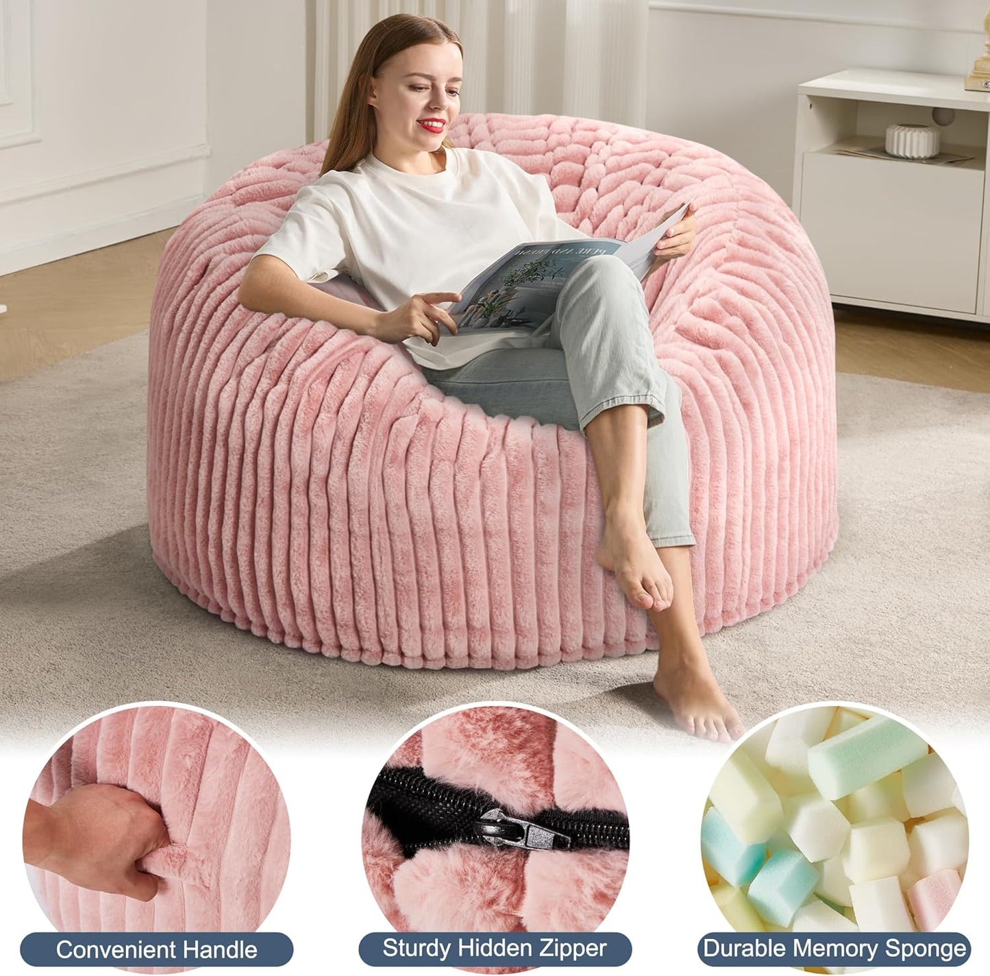 4ft Bean Bag Chairs for Adults Large Beanbag Chair with Stripe Plush Cover Big Bean Bag Chair for Living Room Bedroom Dorm Office