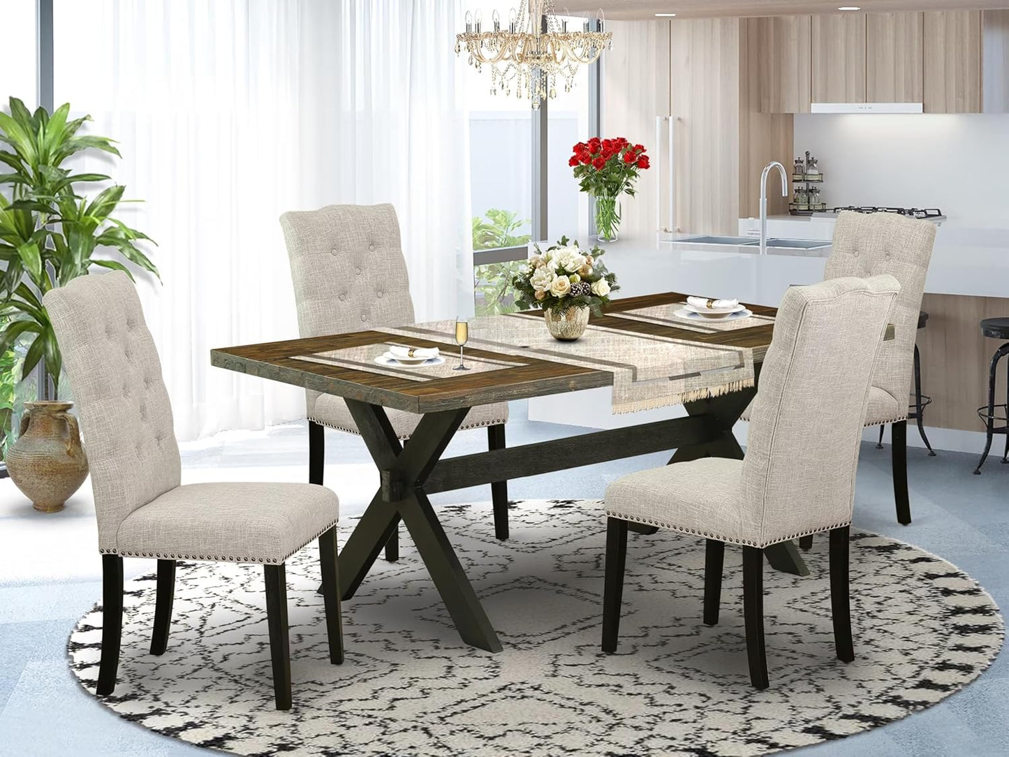 East West Furniture X677EL635-5 5 Piece Kitchen Table & Chairs Set Includes a Rectangle Dining Room Table with X-Legs and 4 Doeskin Linen Fabric Parsons Chairs, 40x72 Inch, Multi-Color