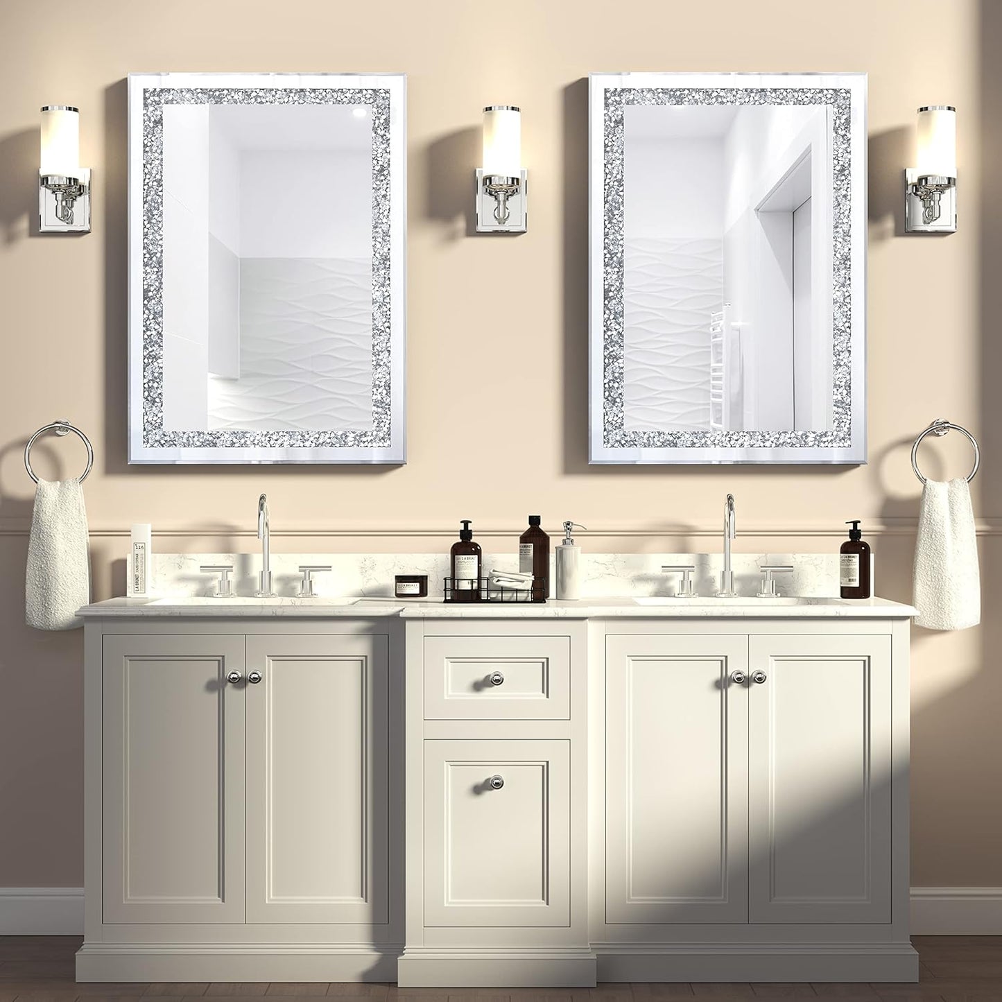 Crystal Decorative Mirror-28 x20 Rectangle Gorgeous Silver Mirror, Crush Diamond Mirror for Wall Decoration Bedroom, Hallway, Dining Room