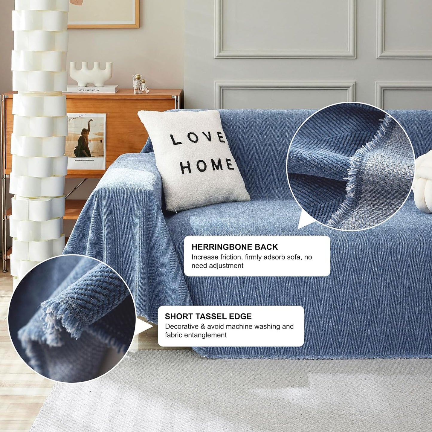 STACYPIK Stylish Blue Sofa Cover Chenille Herringbone Couch Covers for 3 Cushion Couch Cat Scratches Couch Covers for Sectional Sofa Pet Protector Futon Loveseat Cover Multi-Use Throw Blanket-71x150IN