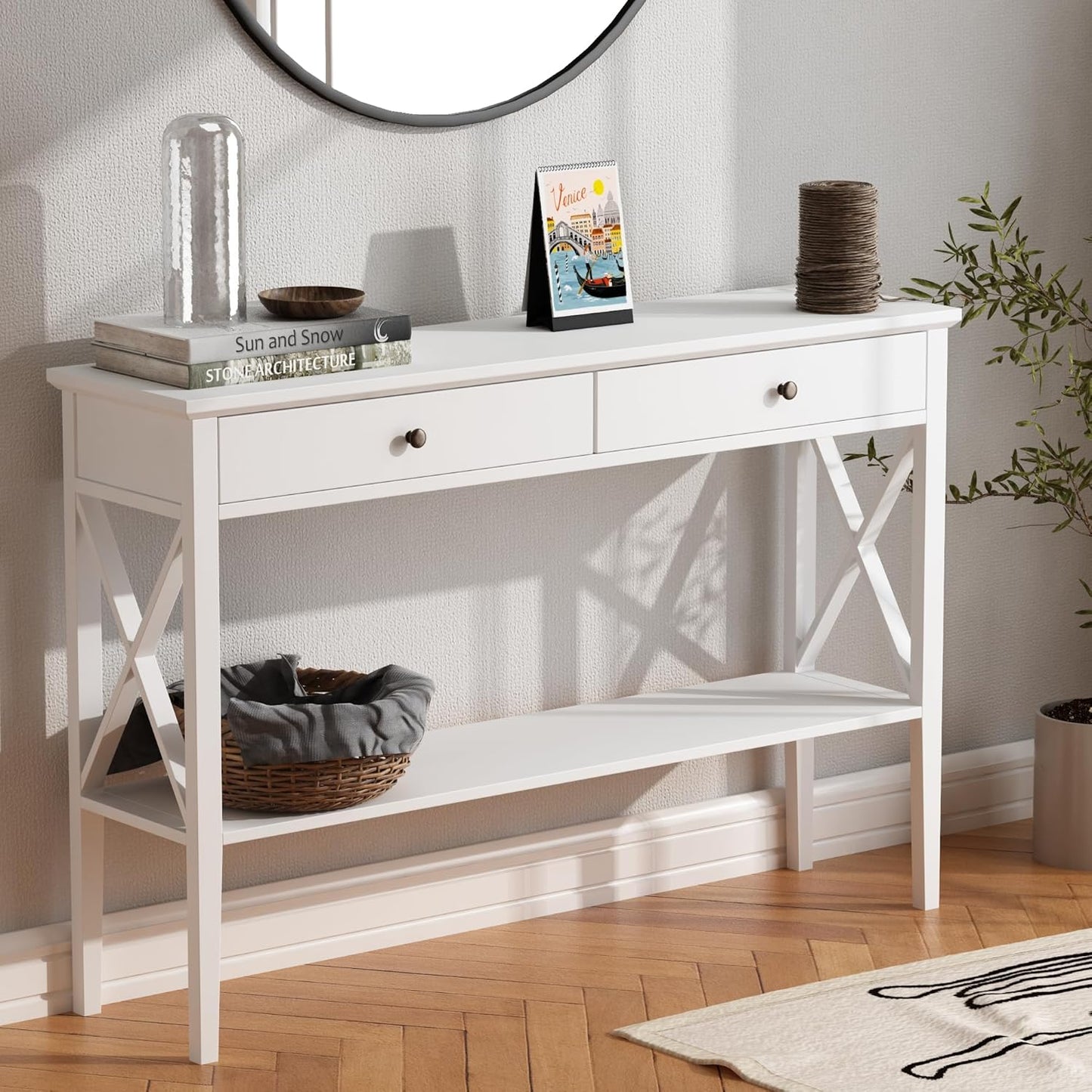 ChooChoo 47" Console Table with Drawers, Narrow Wood Accent Sofa Table Entryway Table with Storage Shelf for Entryway, Front Hall, Hallway, Living Room, White