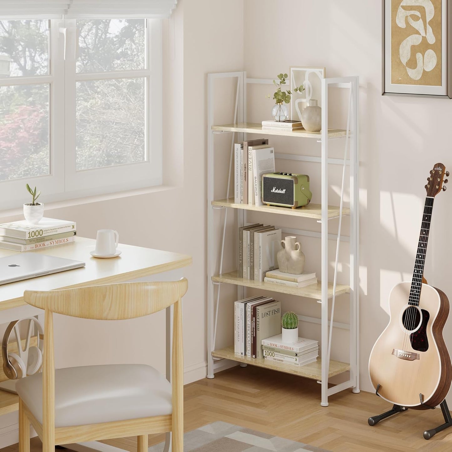 BHG Vintage Multifunctional Bookcase Folding Bookshelf, No-Assembly Plant Stand Storage Rack Shelves for Home Office (White, 4-Tier)