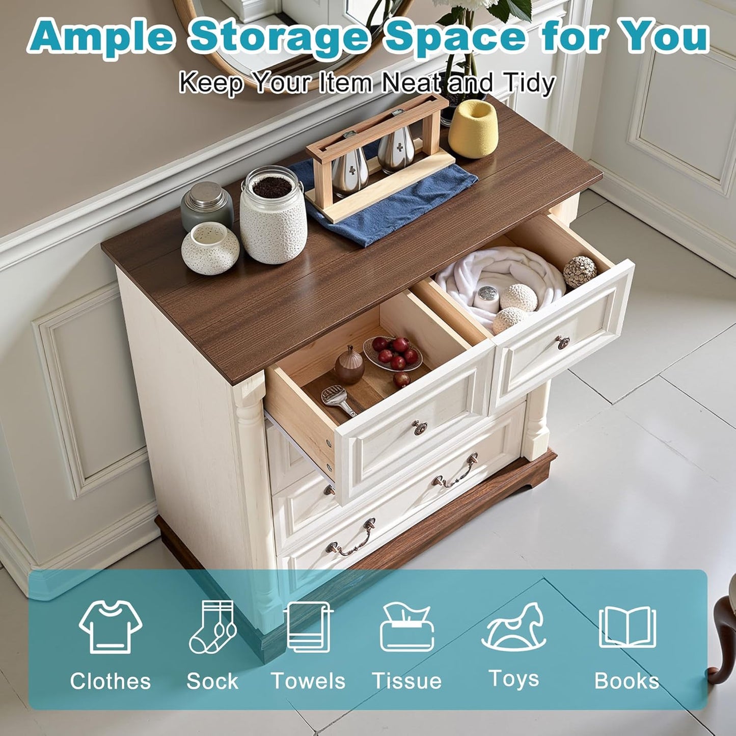 31.5" Farmhouse Sideboard Buffet Cabinet with Storage, Kitchen Buffet Storage Cabinet with 5 Drawers, Modern Wood Accent Sideboard for Living Room, Kitchen, Hallway(Antique White)