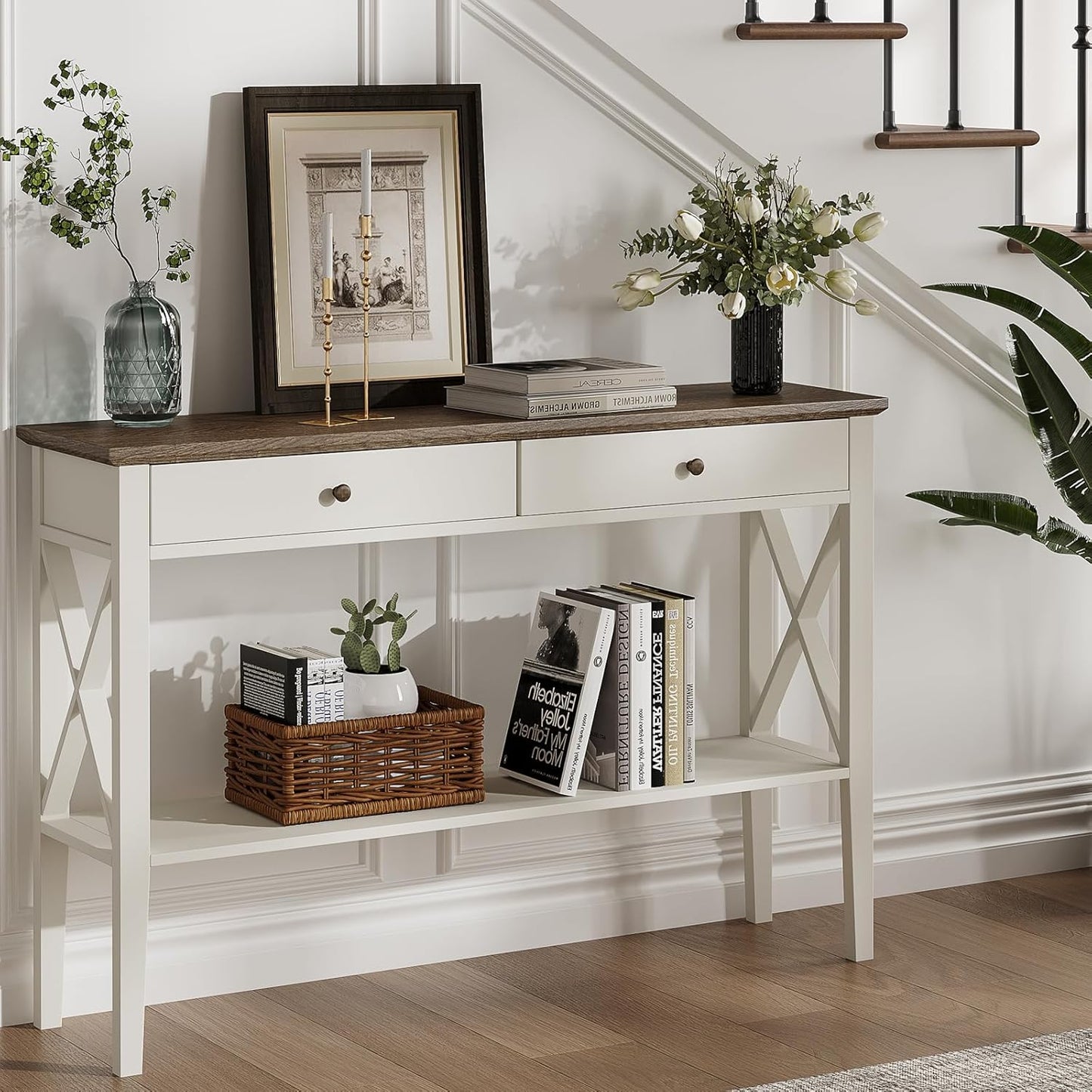 ChooChoo Farmhouse Console Table with Drawers, Narrow Wood Accent Sofa Table Entryway Table with Storage Shelf for Entryway, Front Hall, Hallway, Living Room, Antique White & Brown