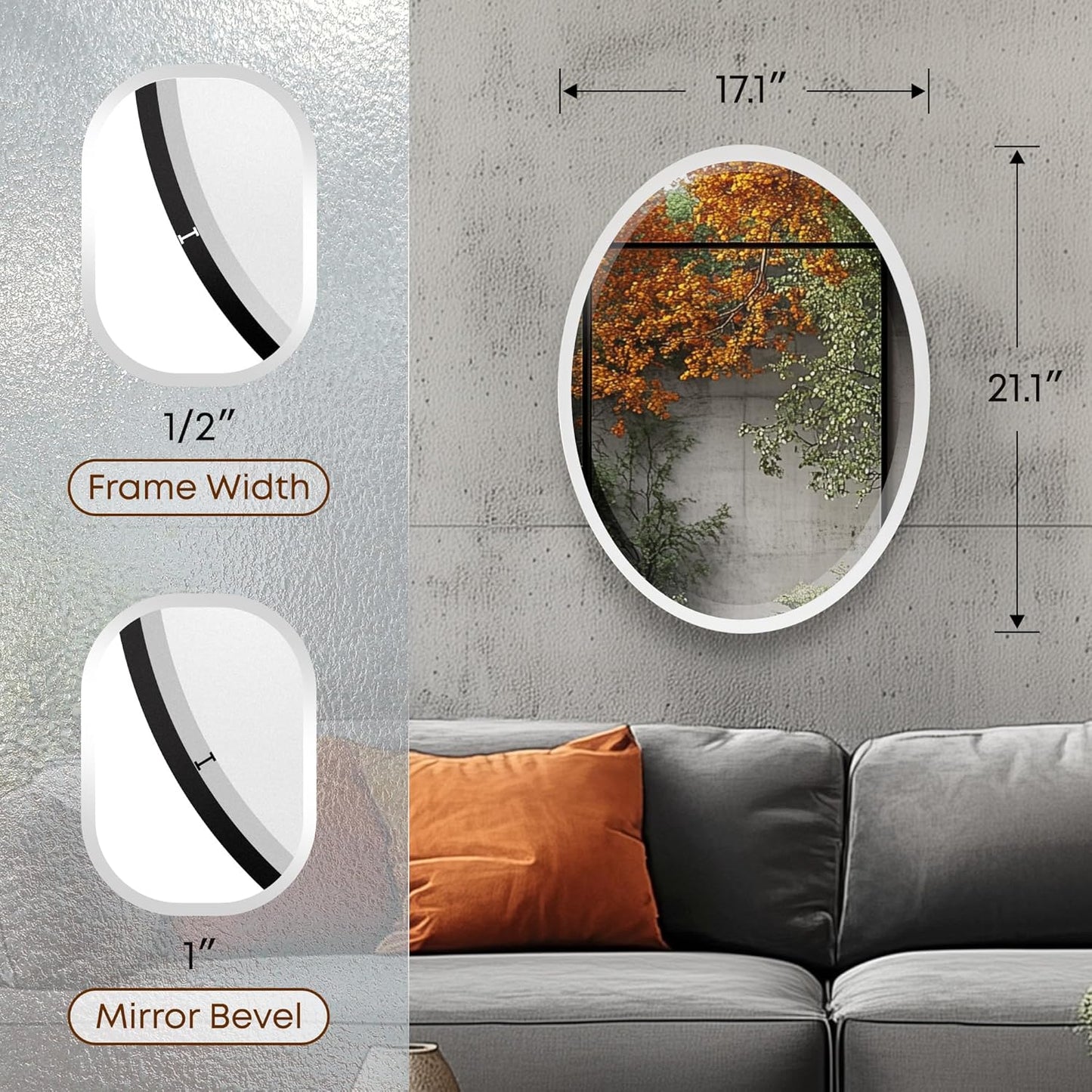 OVALCREST - Oval Wooden Beveled Wall Mirror for Home Decor, Bathroom, Vanity, Bedroom, Living Room, Hallway - London Style (Linen White) 17.1 x 21.1