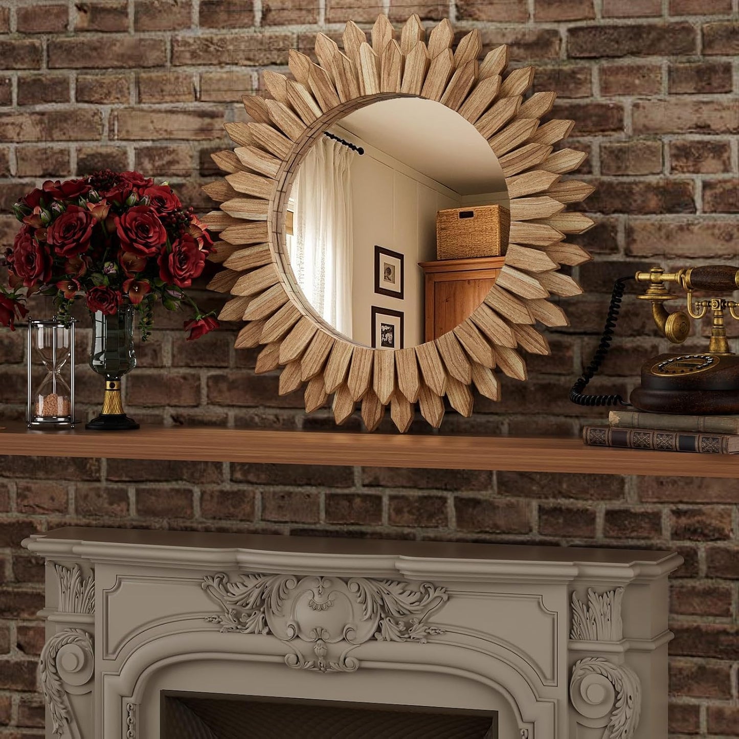 24 Inch Brown Boho Wall Decor Sunburst Mirror - Round Wooden Wall Decor, Handmade Rustic Circular Mirror for Living Room, Bedroom, Entryway, Office