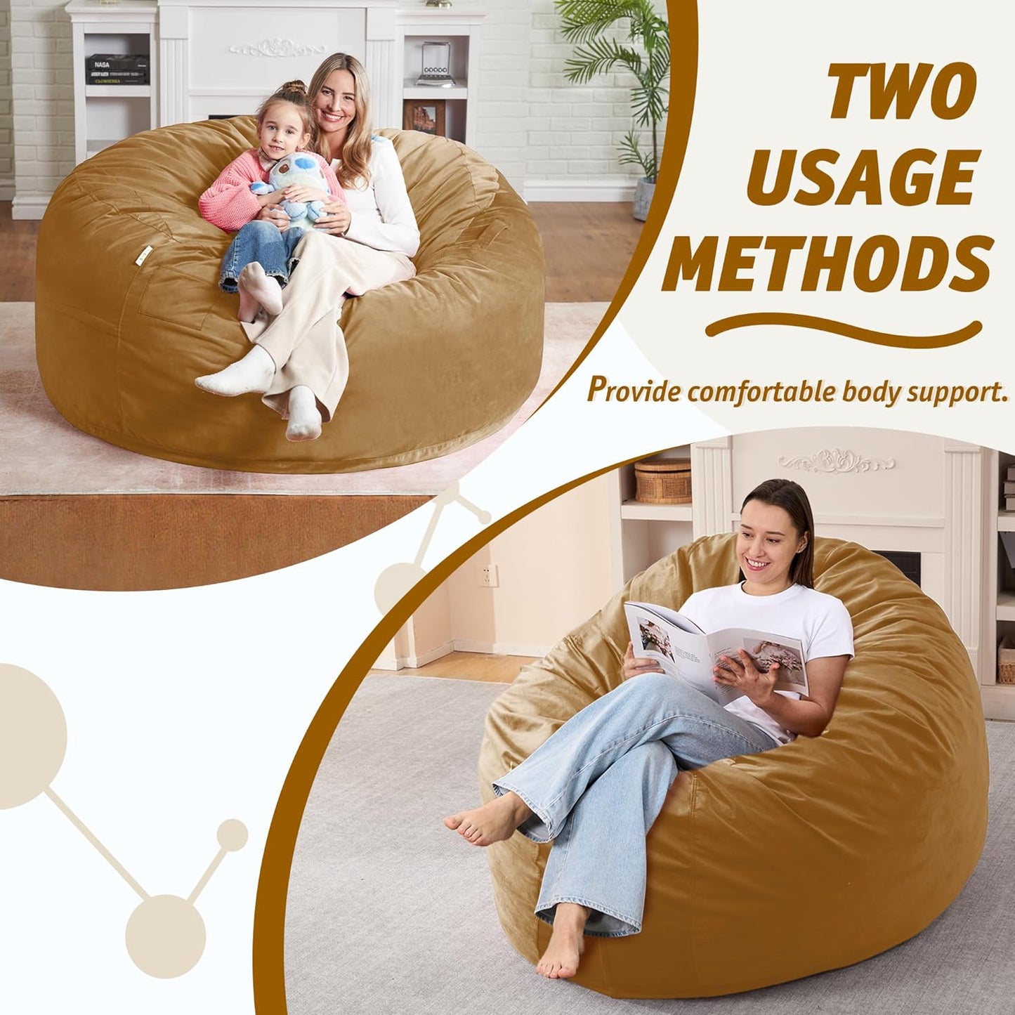 5FT Bean Bag Chair with Ultra Soft Velvet Cover Bean Bag Sofa with Memory Foam Bean Bag Chairs with Large Size Lazy Sofa for Dorm Office Living Room Bedroom Camel 5'