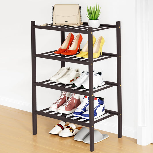 Smiry Shoe Rack, 4 Tier Small Bamboo Shoe Organizer, Stackable Free Standing Wooden Shoe Storage Shelf for Closet, Entryway, Front Door Entrance, Brown