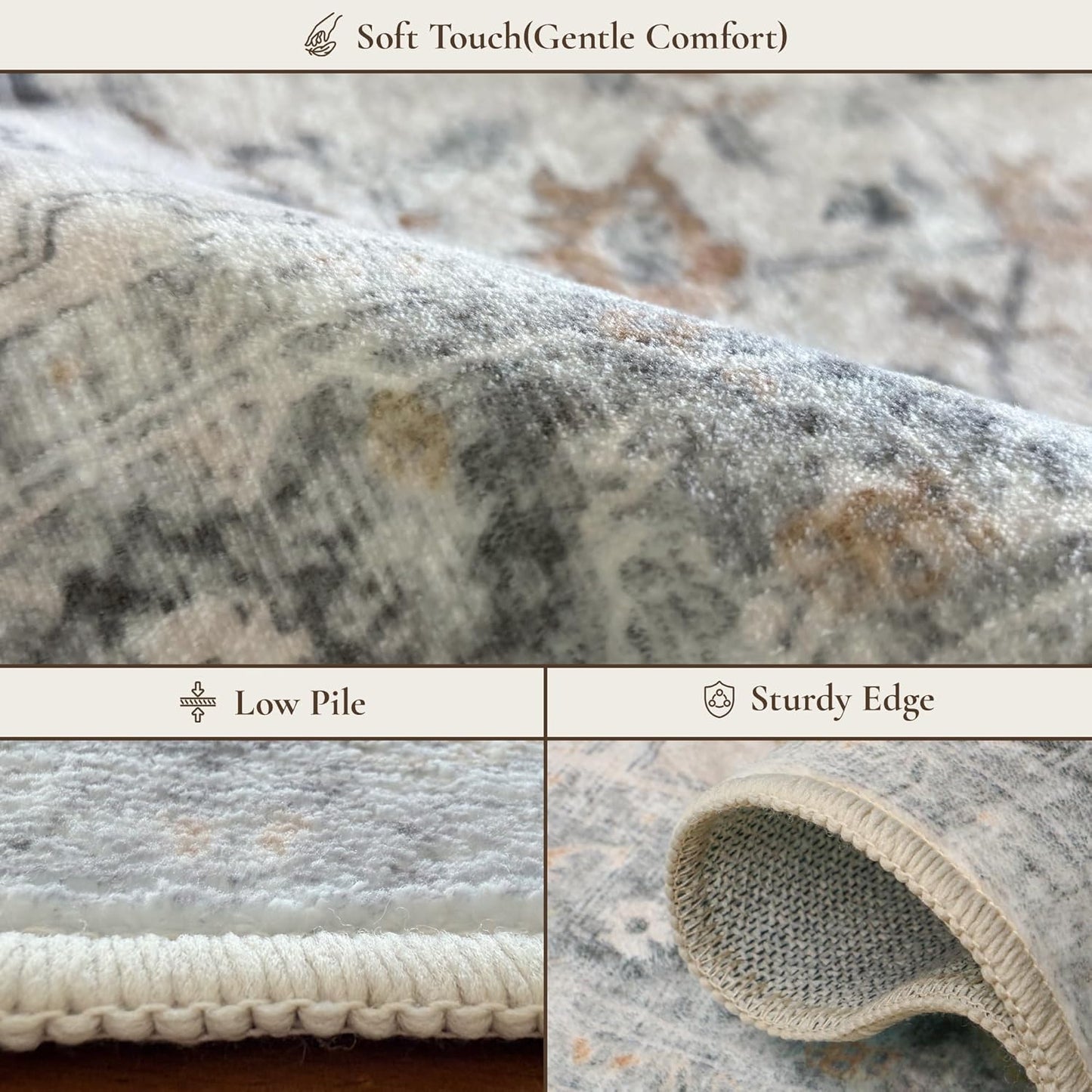 GENIMO 8x10 Area Rugs for Living Room, Machine Washable Non Slip Vintage Rugs, Low Pile Lightweight Chenille Print Rug for Bedroom, Dining Room, Home Office, Light Taupe Brown