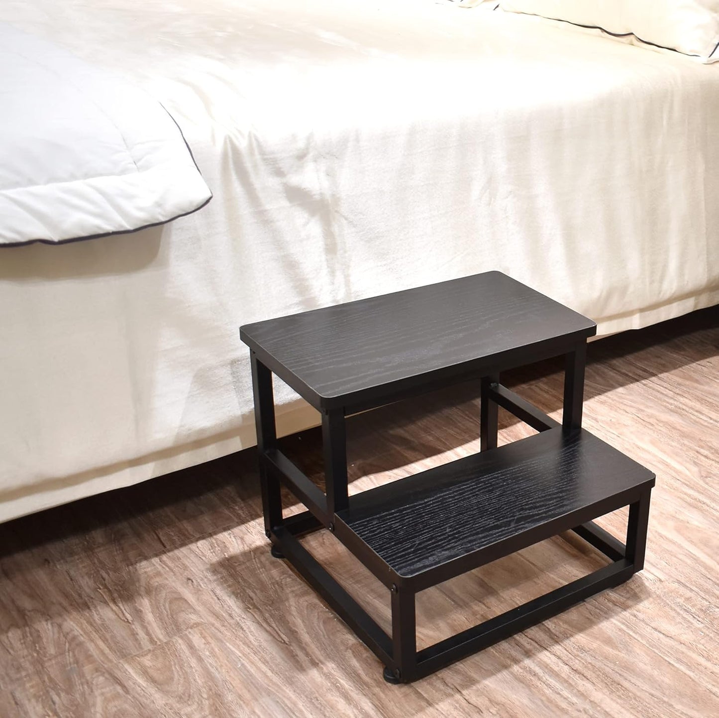 Step Stool, Bedside Steps for High Beds with Round Corners, 2 Steps Footstool for Adults, Metal and Wood Stepping Stool for Kitchen Bedroom, Load 500 LB, Black