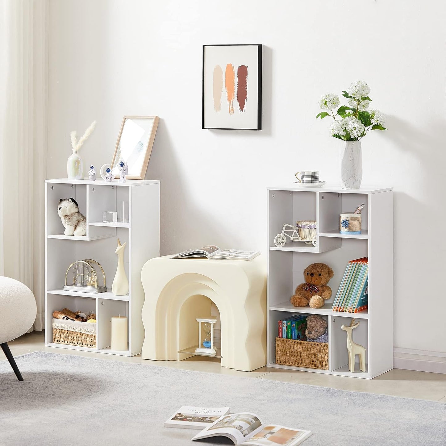 VECELO Small White Bookshelf, 5 Cube Shelf, Fits Tallest Hardcovers, Horizontal Available, Storage Organzier for Home Office, Pearl White