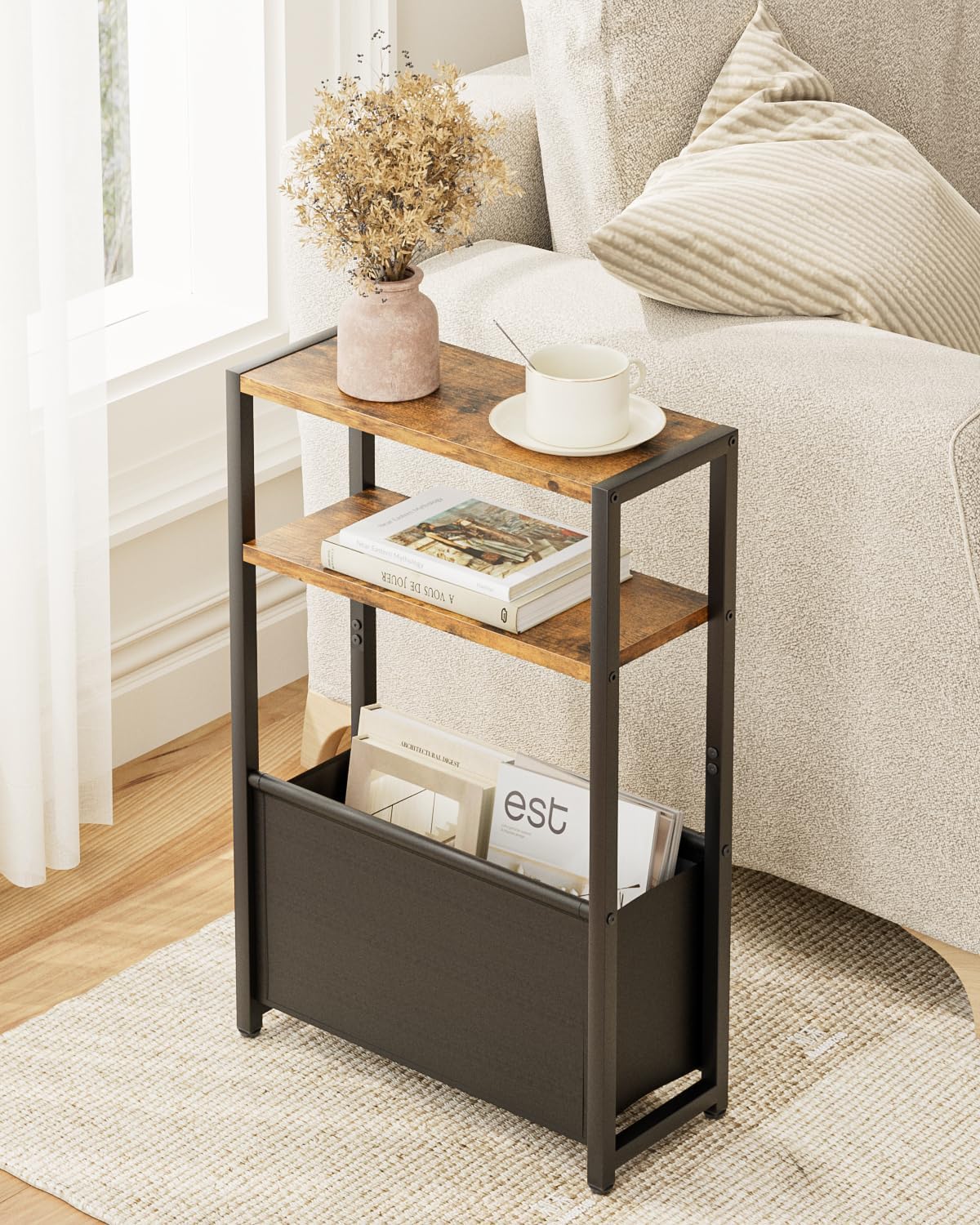 Narrow Side Table End Table, 3-Tier Side Table with Storage Bag, Narrow Nightstand for Small Spaces, Bedside Table for Living Room, Bedroom, Rustic Brown