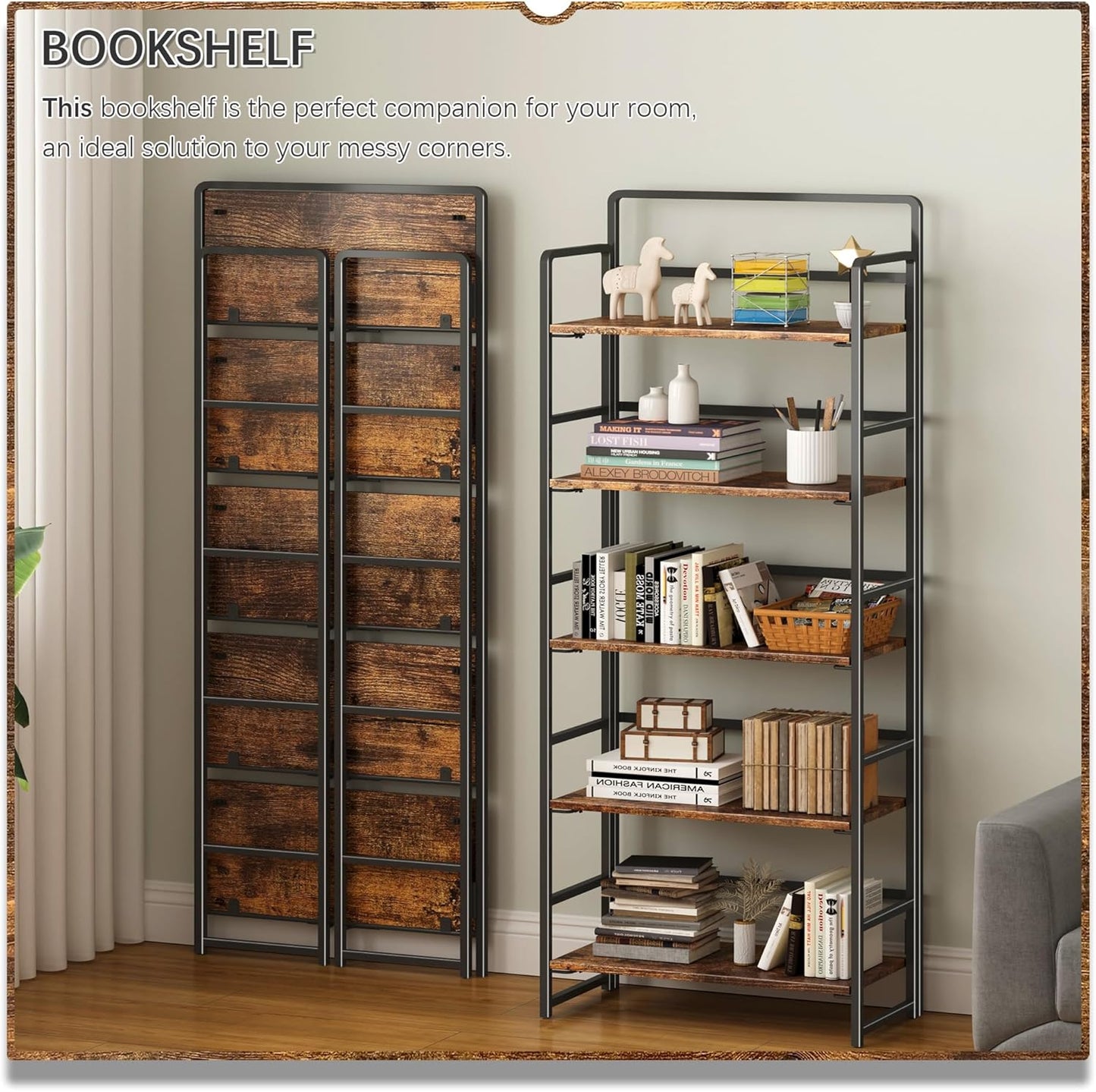 4NM No-Assembly 5 Tiers Folding Bookshelf Storage Shelves Vintage Bookcase Standing Racks Study Organizer Home Office (Rustic Brown Black)