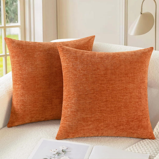 CaliTime Fall Throw Pillow Covers Decorative 18 X 18 Inches Pack of 2 Cozy Chenille Cushion Cases for Couch Sofa Bed Living Room Home Burnt Orange