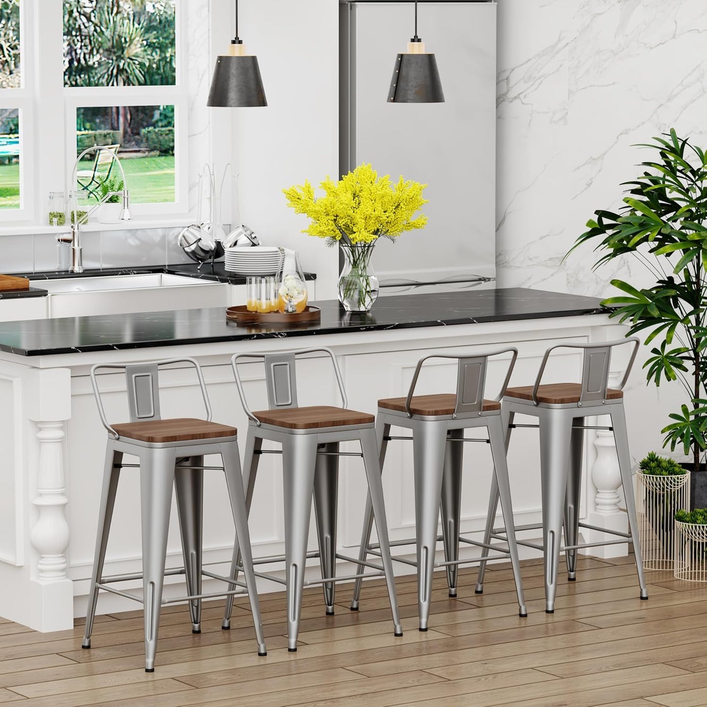 Yongchuang 30 inch Bar Stools Set of 4 Bar Height Metal Barstools with Wood Seat Low Back Kitchen Bar Chairs Silver