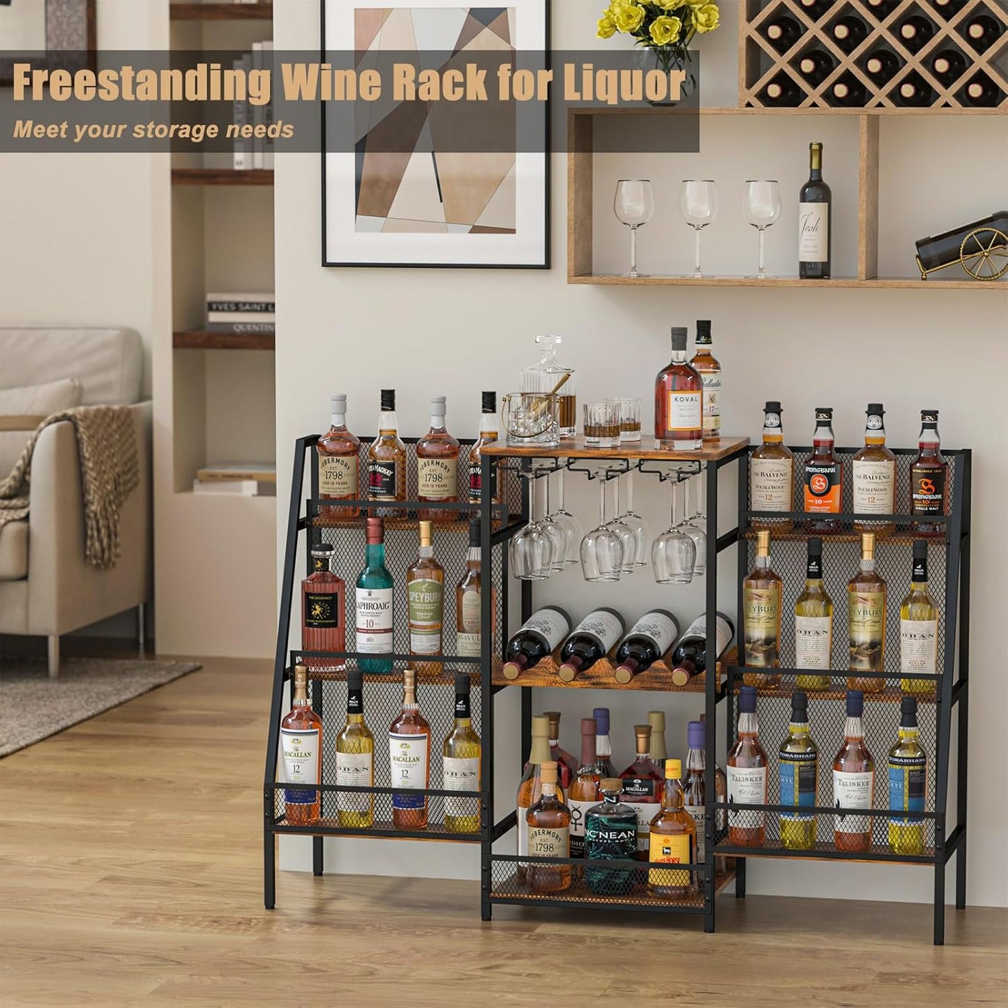 Versatile Bar Stand with Glass Holder, Wine Rack Freestanding Floor, Liquor Cabinet for Liquor Whiskey Wine, 6-Tier Stepped Bar Cabinet with Fences, Vintage Brown（Patent Pending）