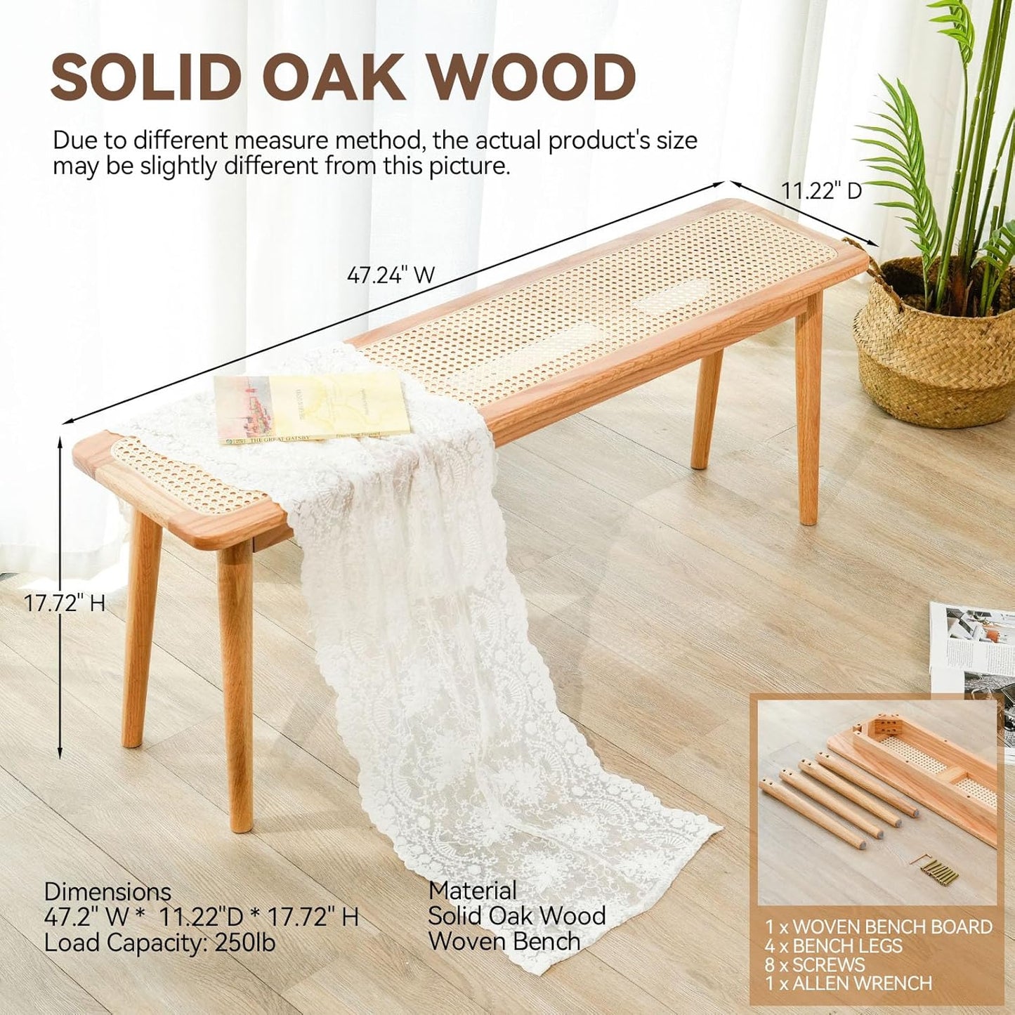 Entryway Bench, Solid Wood Dining Bench, Midcentury Modern End of Bed Bench with Rattan Woven Top for Bedroom, Kitchen, Entry Way, 47.2" L x 11.2" W x 17.7" H, Natural