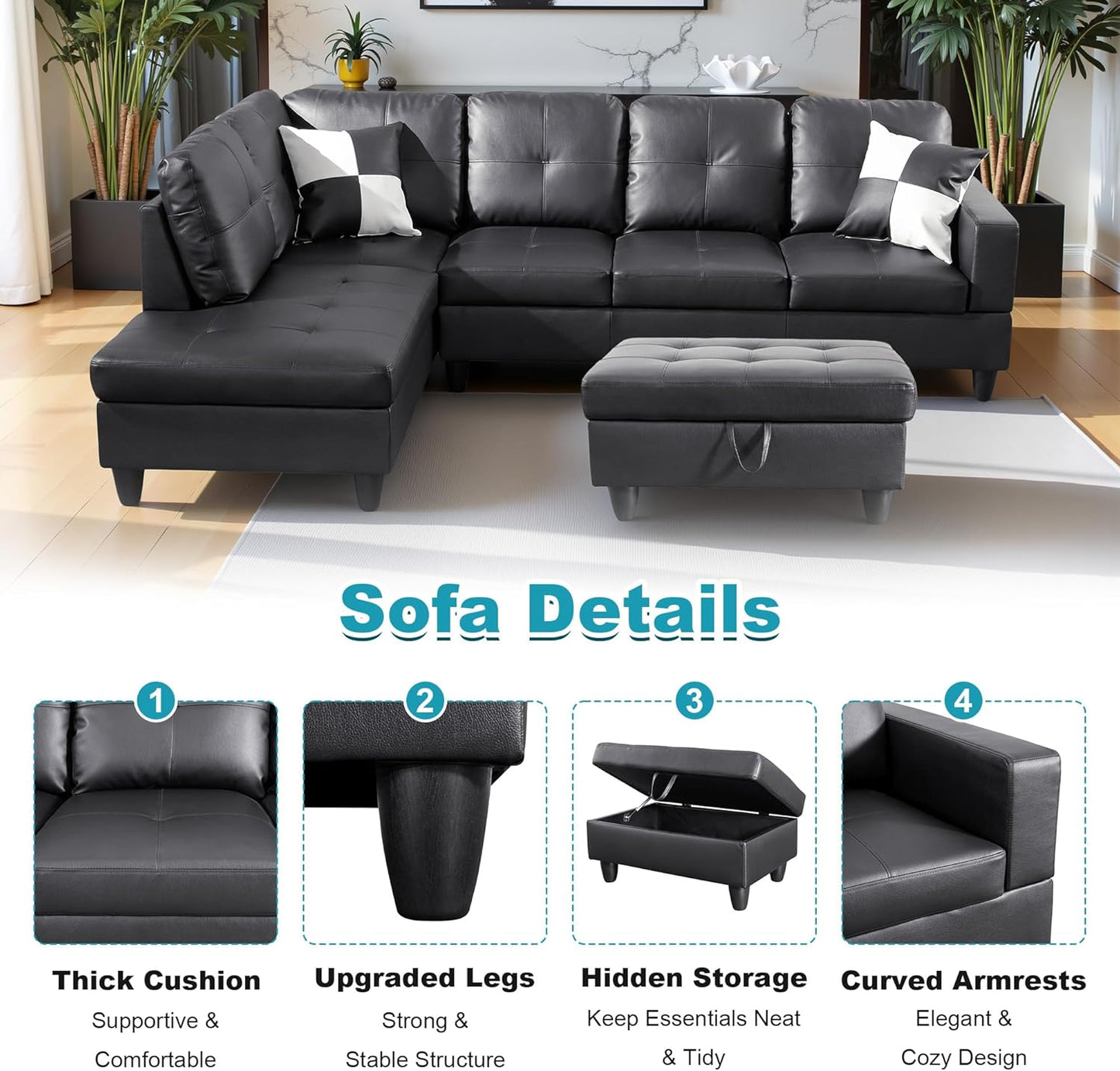 103.5" Oversized Sectional Couch, L Shaped Couch with Storage Ottoman, Modern Modular Sofa with Deep Seat, Sectional Couches for Living Room and Office, Jet Black (Faux Leather)