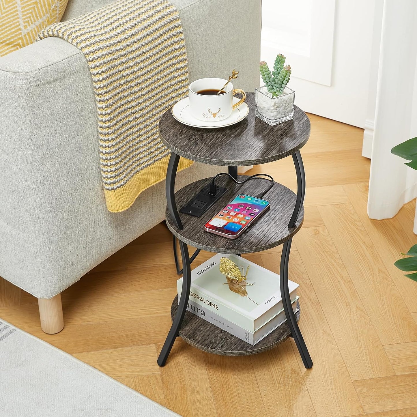 Small Round Side Table with Charging Station, 3-Tier Waist Circular End Table with Storage Shelf, Compact Tea Sofa Side Table Small Spaces, Round Corner Coffee Table for Living Room Bedroon,Grey