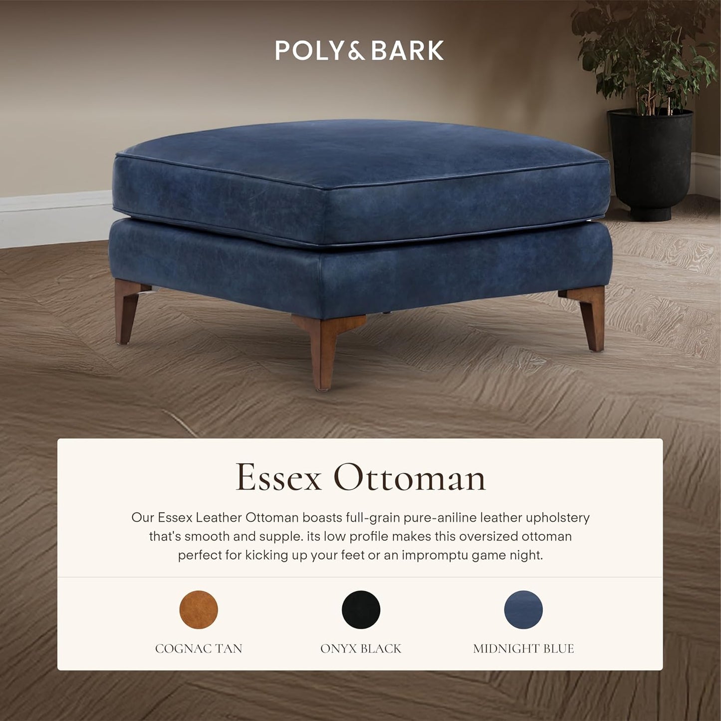 POLY & BARK Essex Ottoman - 35” Large with Feather-Down Topper - Full-Grain Leather Upholstered Ottoman - Couch for Living Room - Vintage Italian Leather in Midnight Blue