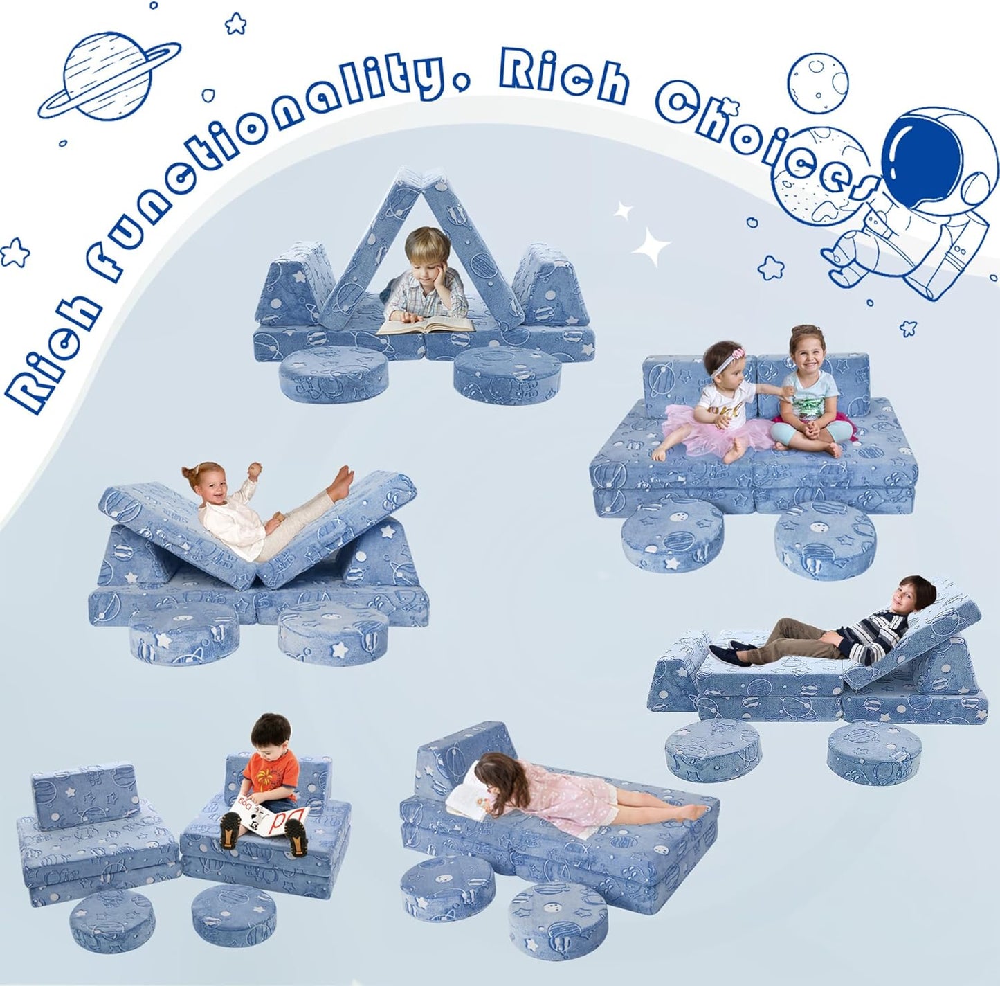 MeMoreCool Modular Glow Sofa for Kids, Space-Themed 8-Piece Convertible Foam Couch Play Set with Celestial Patterns for Toddlers and Playroom