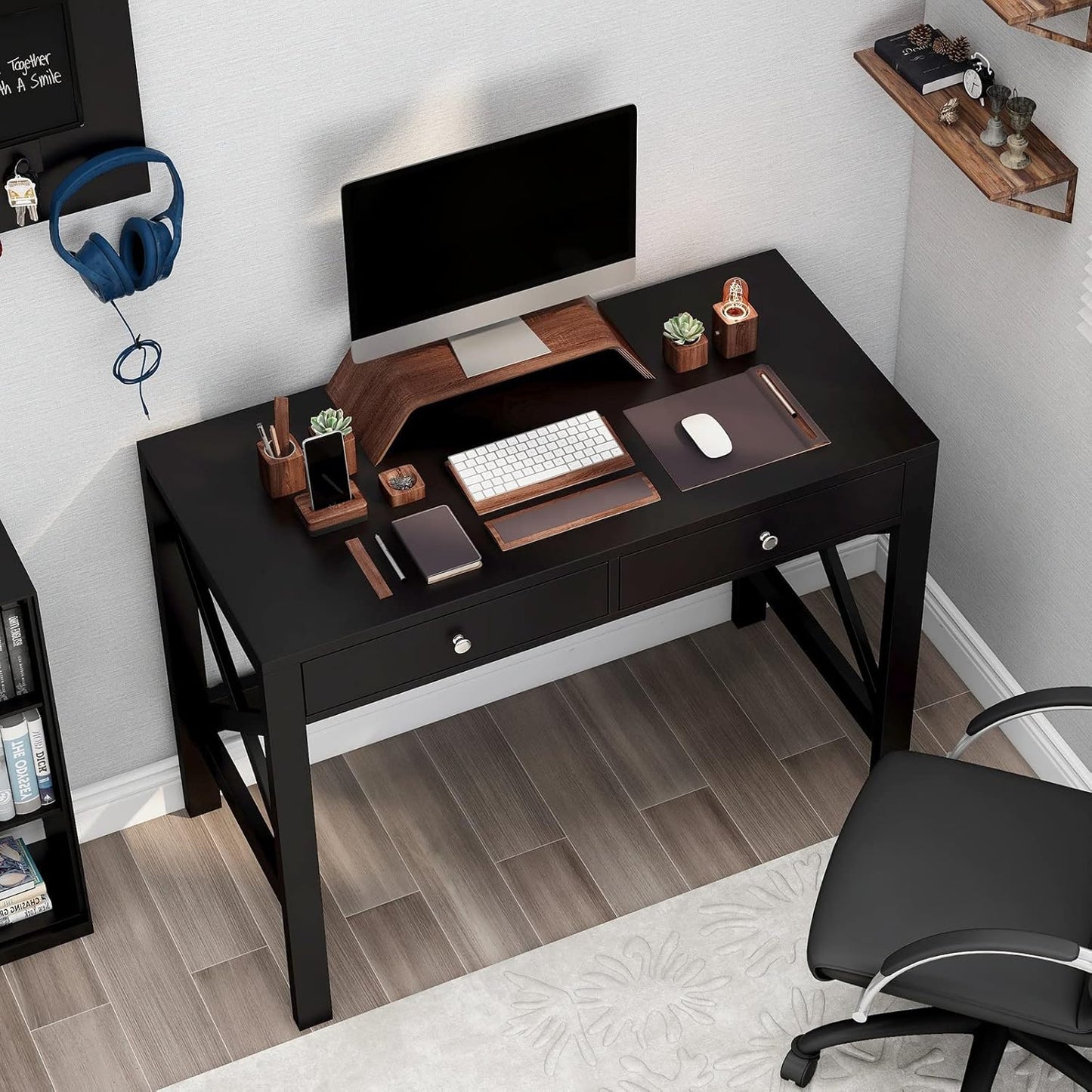 ChooChoo Home Office Desk Writing Computer Table Modern Design Black Desk with Drawers, Makeup Vanity Table
