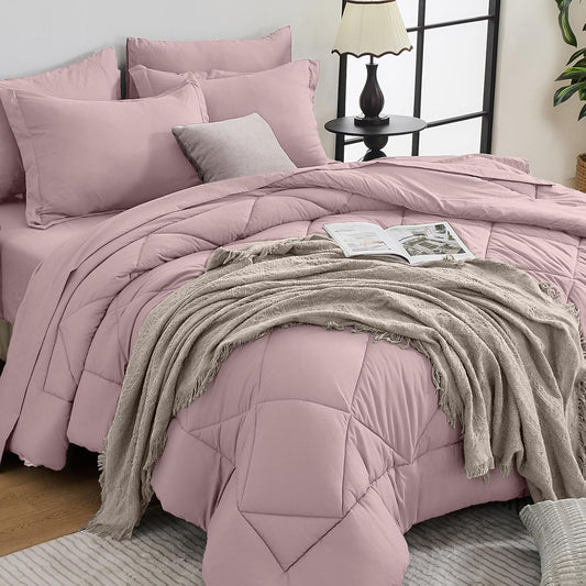 HEVUMYI Rose Gold Twin Comforter Set - 5-Piece All Season Bed in a Bag Twin, Ultra Soft Bedding Set with Comforter, Flat Sheet, Fitted Sheet, Pillowcases, Pillow Shams