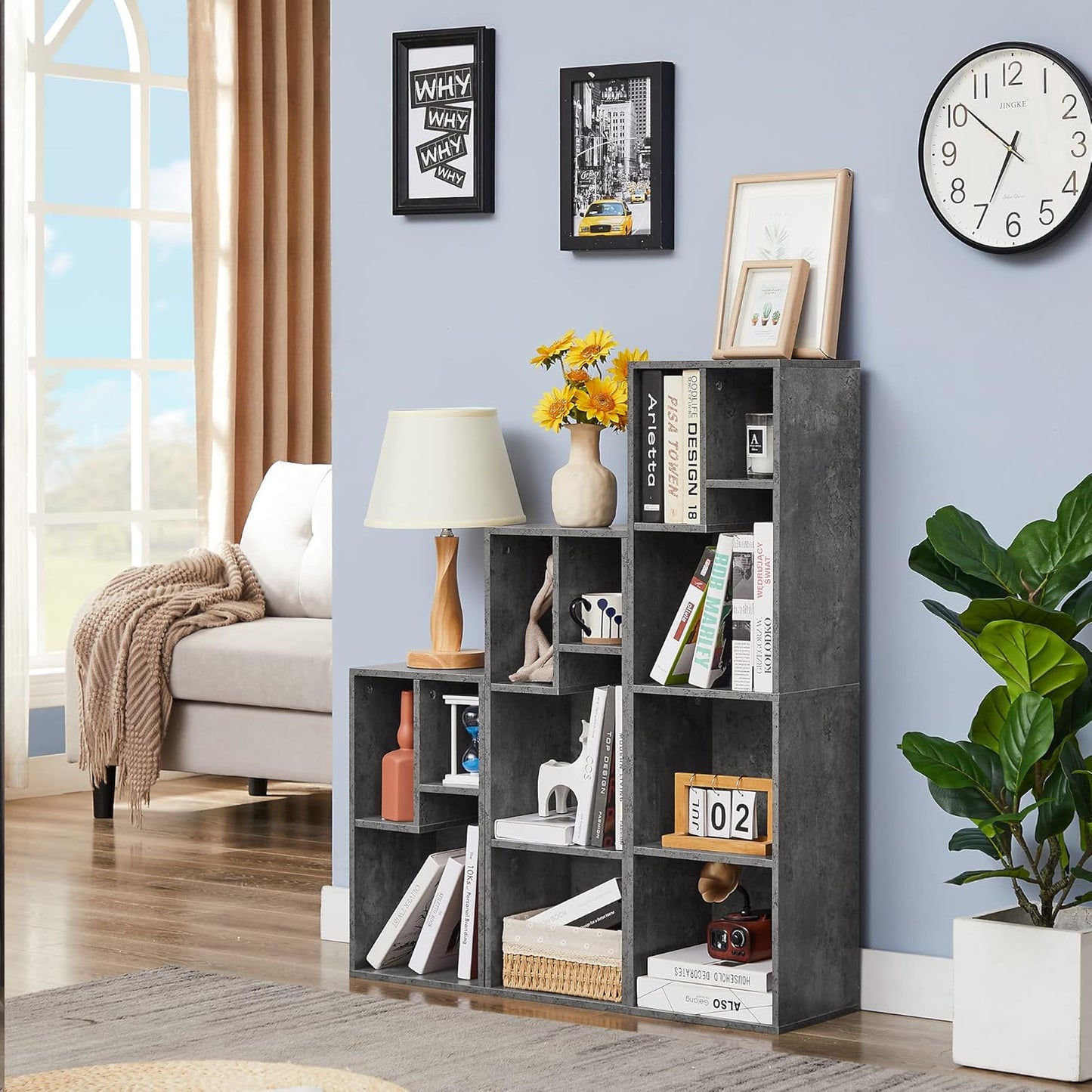 VECELO Small Bookshelf, 4 Cube Slim Bookcase, Fits Tallest Hardcovers, Horizontal Available, Modern Floor Standing Unit, Each Shelf Hold Up to 66 LBS, Modern Gray