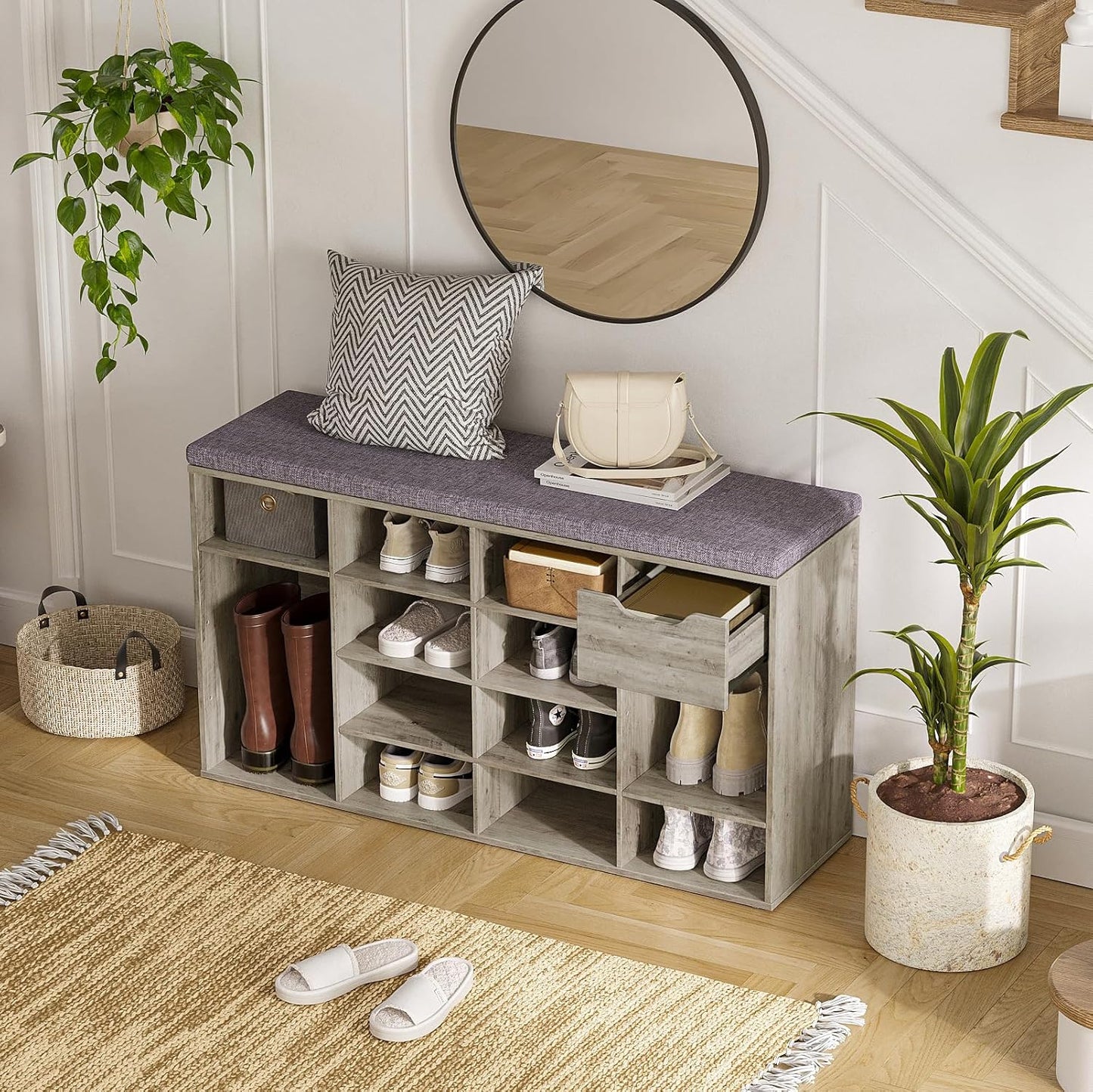 DINZI LVJ Shoe Bench, Entryway Storage Bench with Drawer and 15 Cubbies, Cubby Shoe Rack with Adjustable Shelves, Shoe Organizer Cabinet for Living Room, Bedroom, Mudroom and Garage, Gray Wash