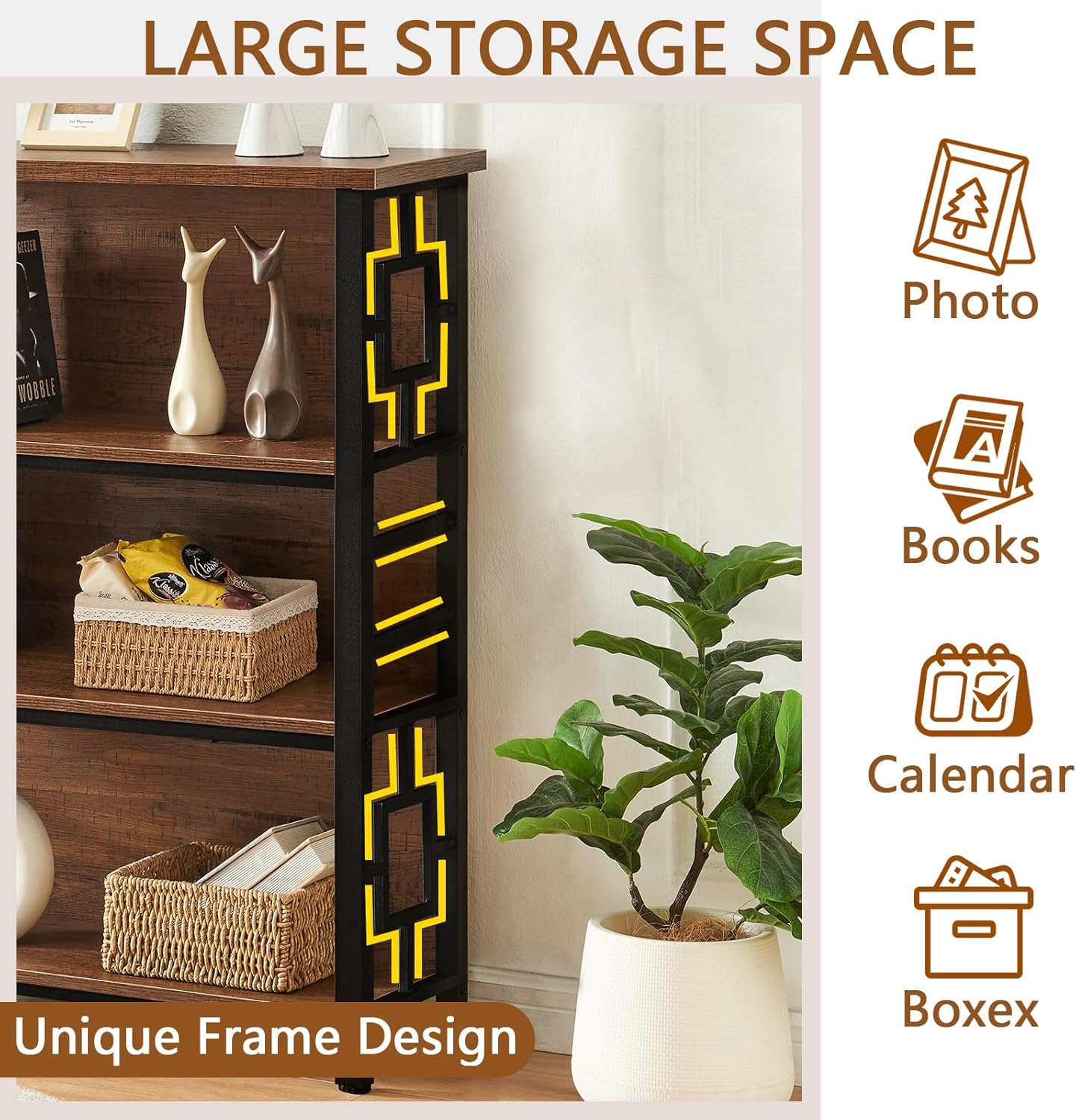 HOMISSUE Book Shelf, 4 Tier Deep Bookshelf with Storage, Engineered Wood and Metal Shelf Bookcase, Low Short Bookcases for Small Space, Living Room, Bedroom, Office, Rustic Brown