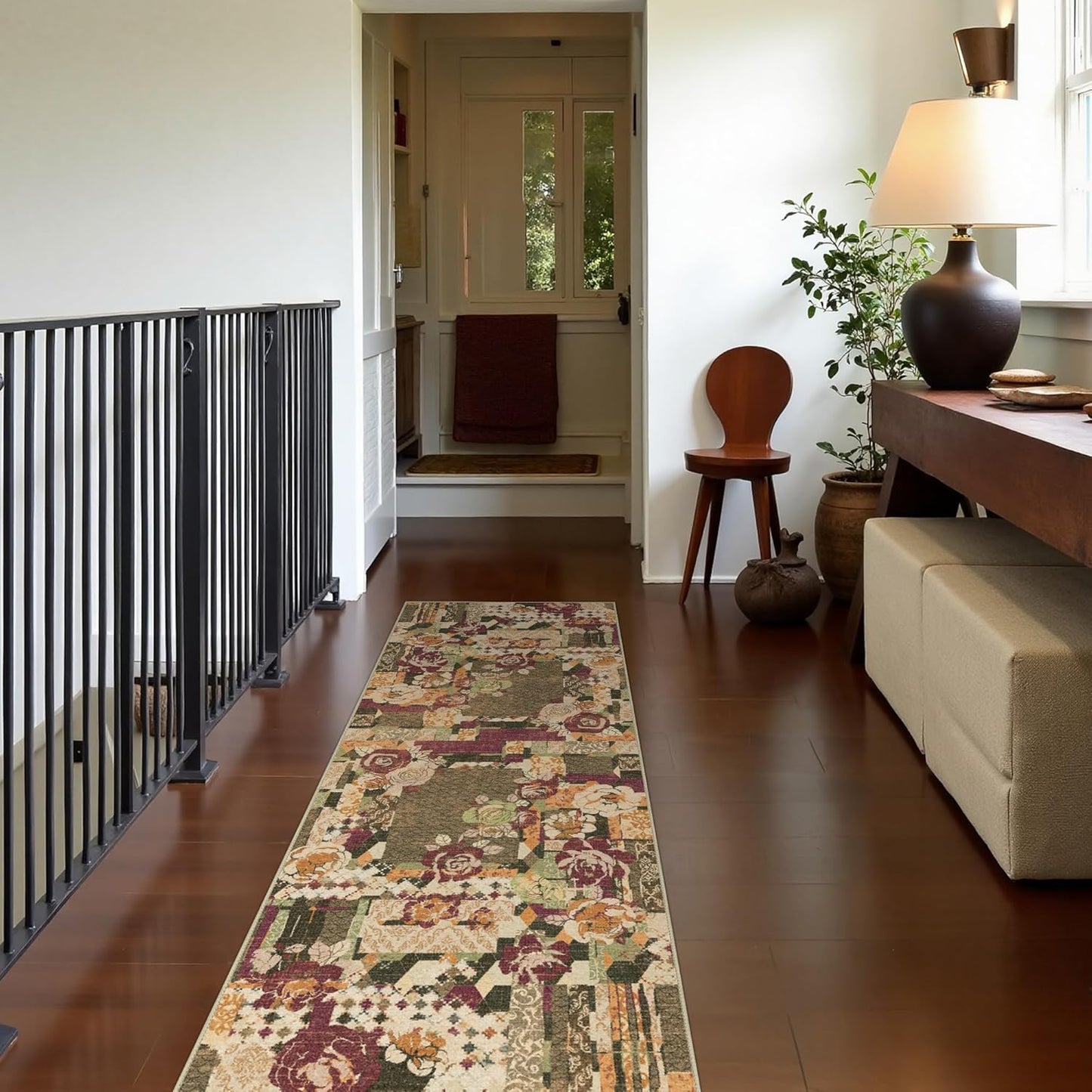 GENIMO Floral Runner Rug 2X6, Machine Washable Non Slip Vintage Patchwork Hallway Runner, Ultra-Thin Low Pile Runners for Indoor Entryway, Hallway, Kitchen and Corridor, Auburn Cinnamon