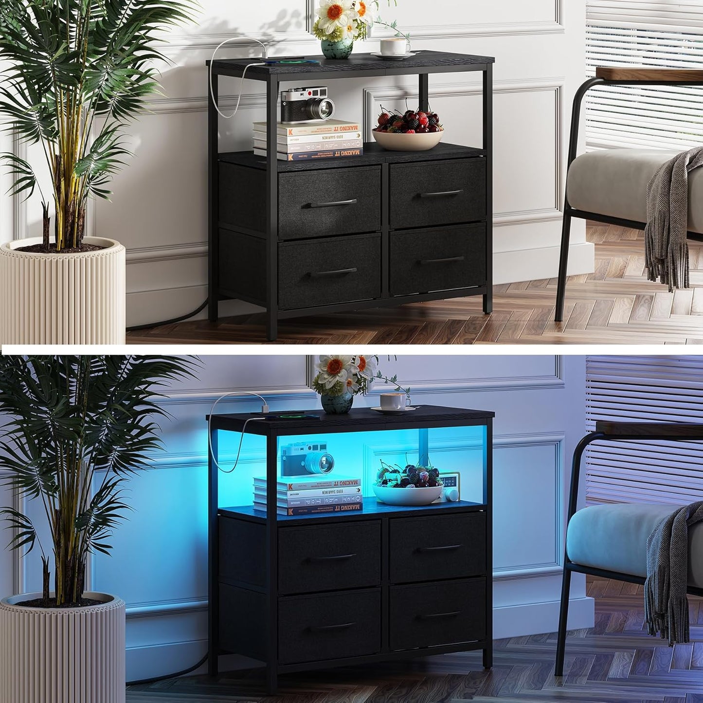 TUTOTAK LED Night Stand with Charging Station, Large Nightstand with USB and Type-C Port, Bedside Table with Cloth Drawers, End Table for Livingroom, Bedroom, Black TB01BK081L